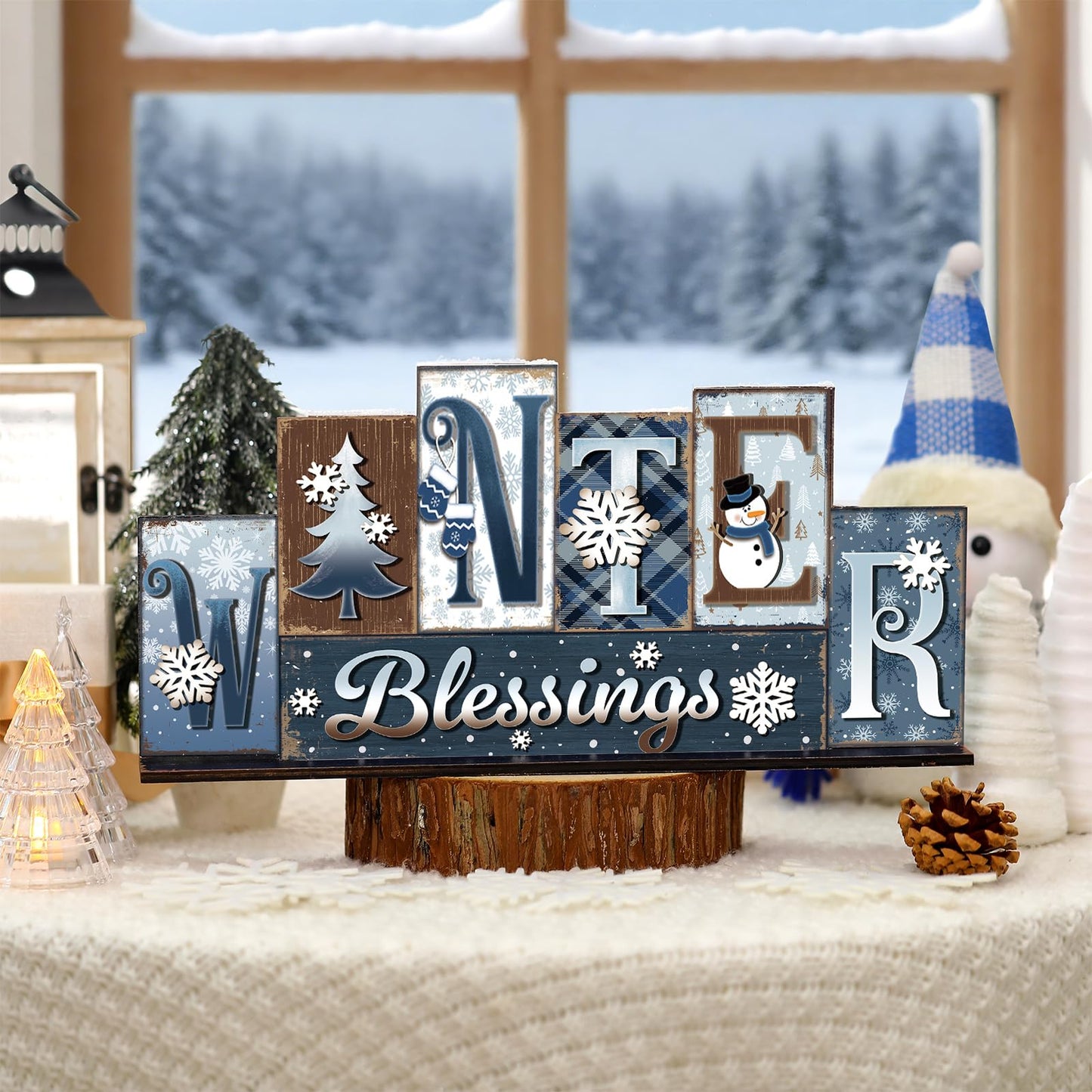 Amyhill Winter Table Decoration Merry Winter Tiered Tray Decor Reversible Centerpiece Decorative Snowman Snowflake Santa Claus Gingerbread Block Signs Farmhouse Christmas Decoration for Kitchen Shelf