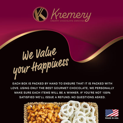 KREMERY Creamy Chocolate Cravings Chocolate Covered Pretzels, Nuts, Candy & Caramel Popcorn (Classic, 1.5 lbs) Sweet Treats in Seagrass Tray with Ribbon Kosher Arrangement