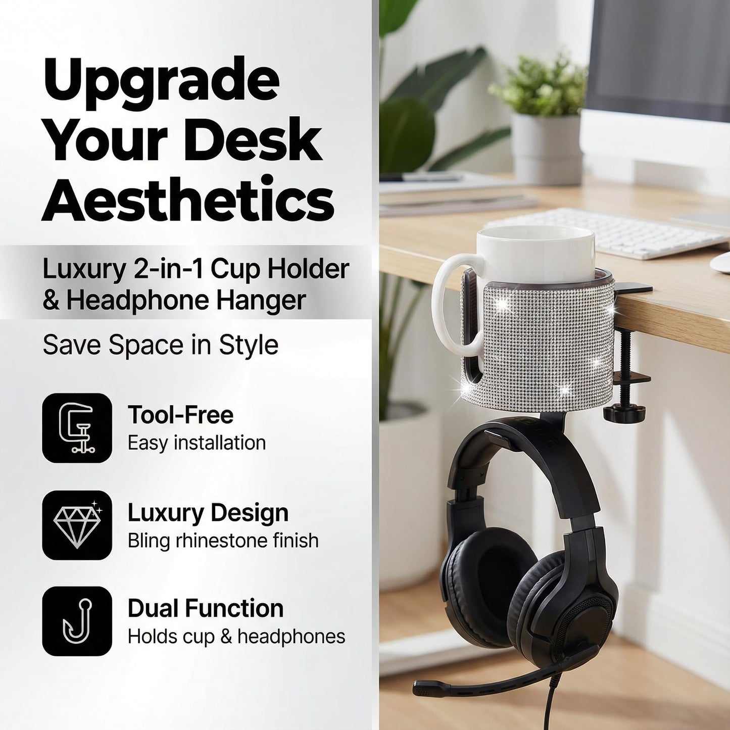 cowinational Luxury 2-in-1 Desk Cup Holder with Headphone Hanger for Office, Home, Gaming(Bling Bling)