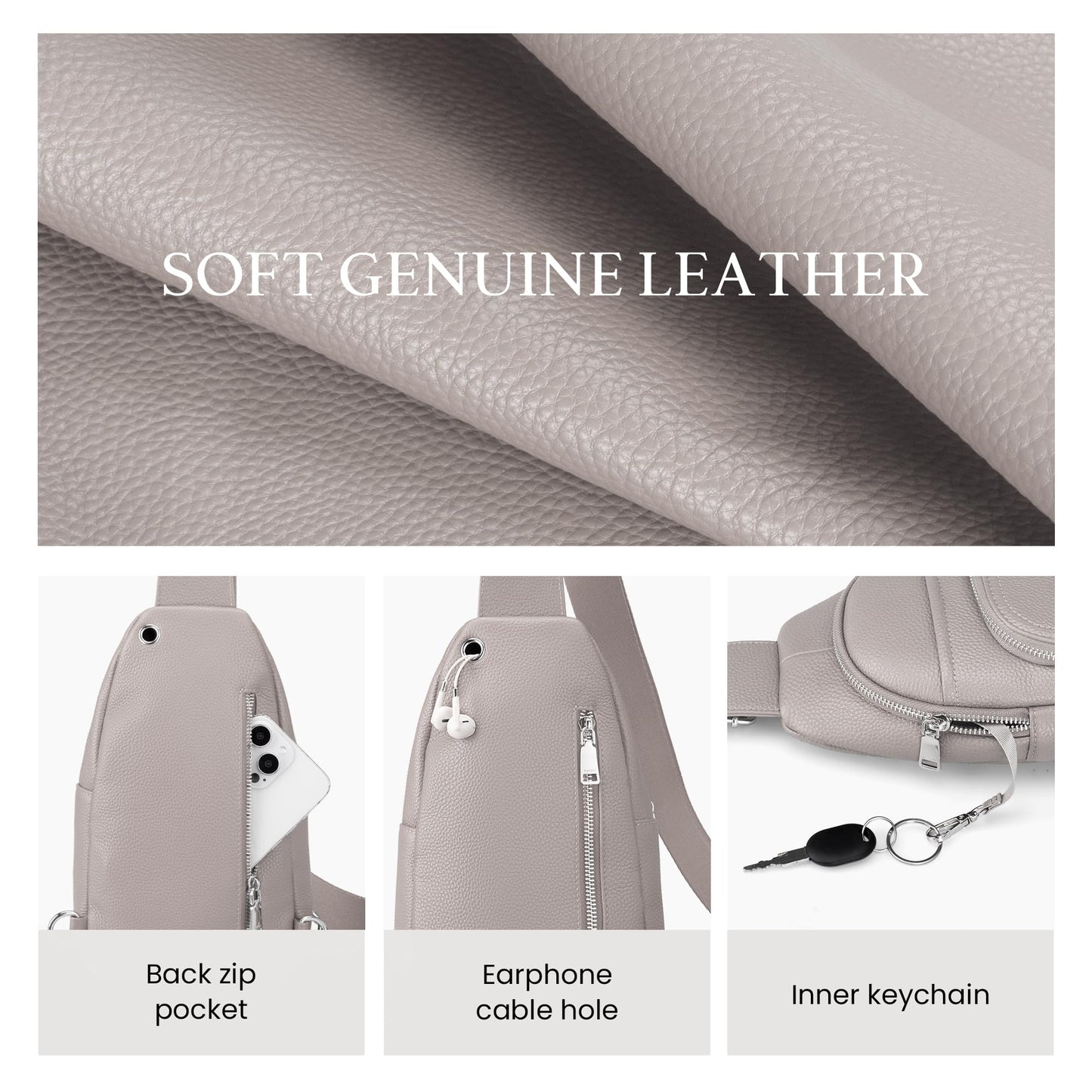 befen Genuine Leather Small Crossbody Sling Bag for Women Anti-Theft Crossbody Chest Bags Purse with Built in RFID Wallet for Travel Beige Grey