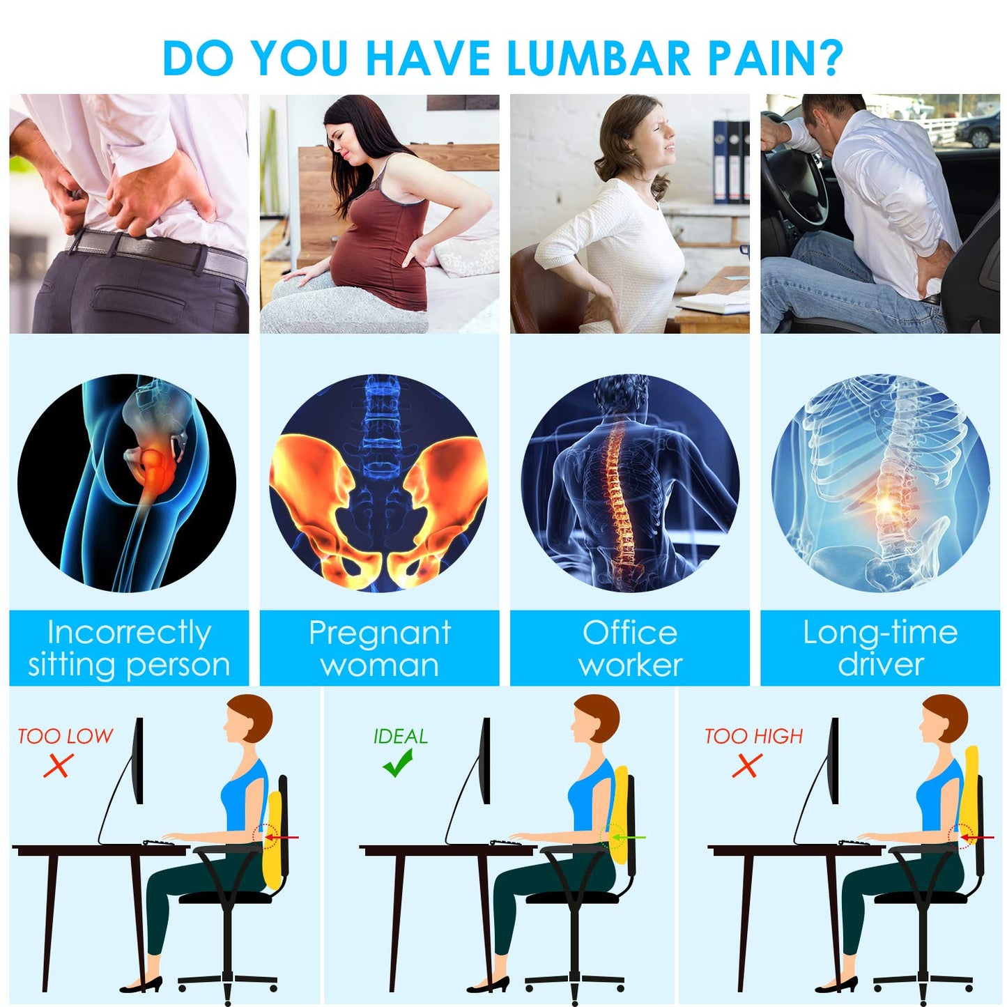 Niceeday Lumbar Support Pillow for Office Chair Car Back Support Pillow, Memory Foam Gaming Chair Desk Chair Back Cushion for Lower Back Pain Relief, Ergonomic Back Rest,Office Home Essentials