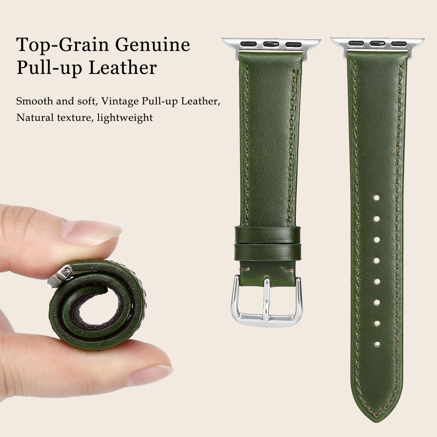 Soft Top-Grain Leather Watch Band Men Women, Compatible with All Apple Watch Series, Breathable, Sweat-Resistant iWatch Strap