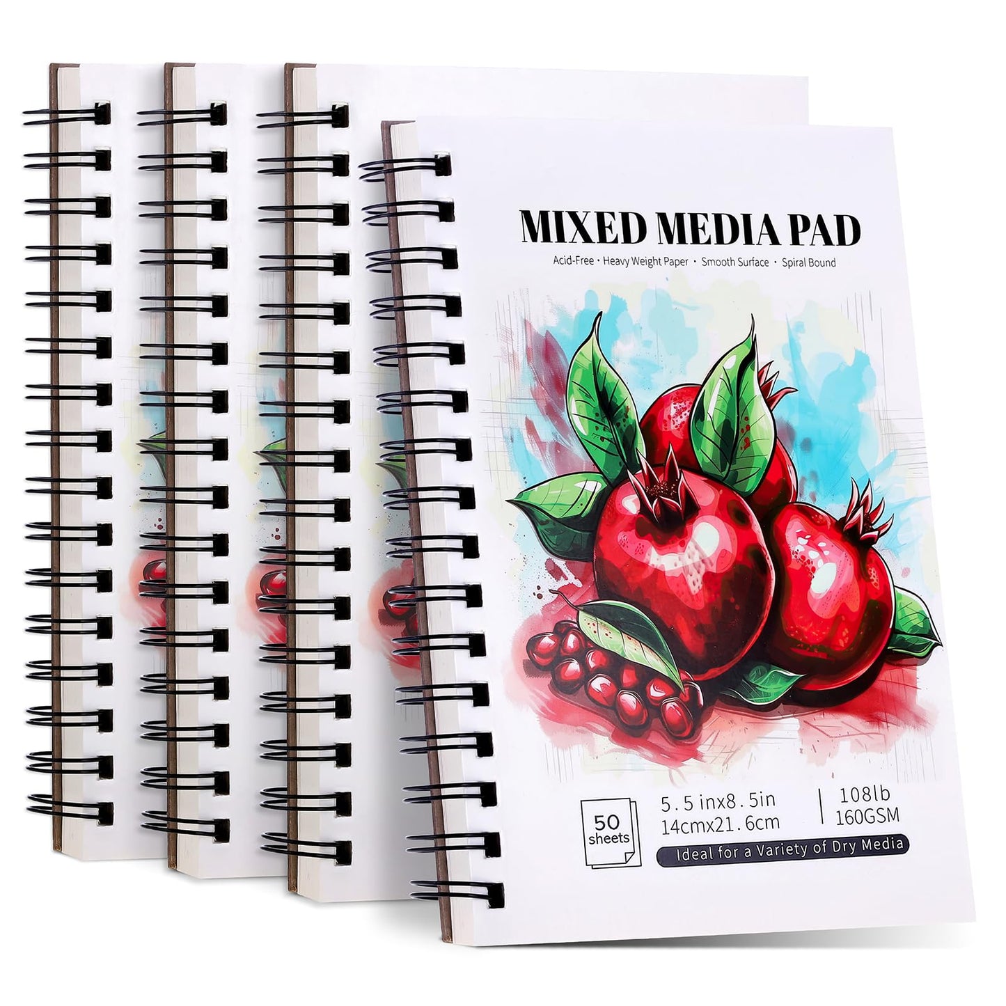 4 Pack Mixed Media Sketchbook, 5.5x8.5 inches Drawing Paper Sketch Book, 98lb/160gsm Heavyweight Spiral Bound Sketch Pads, Suitable for Wet and Dry Media, Drawing, Painting, Sketching(200 Sheets)