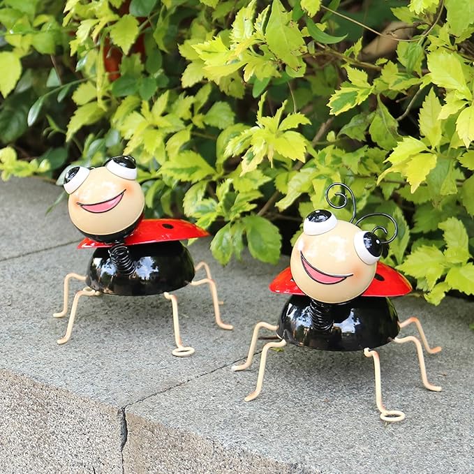 Metal Yard Art Garden Decor for Outside Cute Red Ladybugs Lawn Patio Ornaments Backyard Decorations Garden Gifts for Mom - Set of 2
