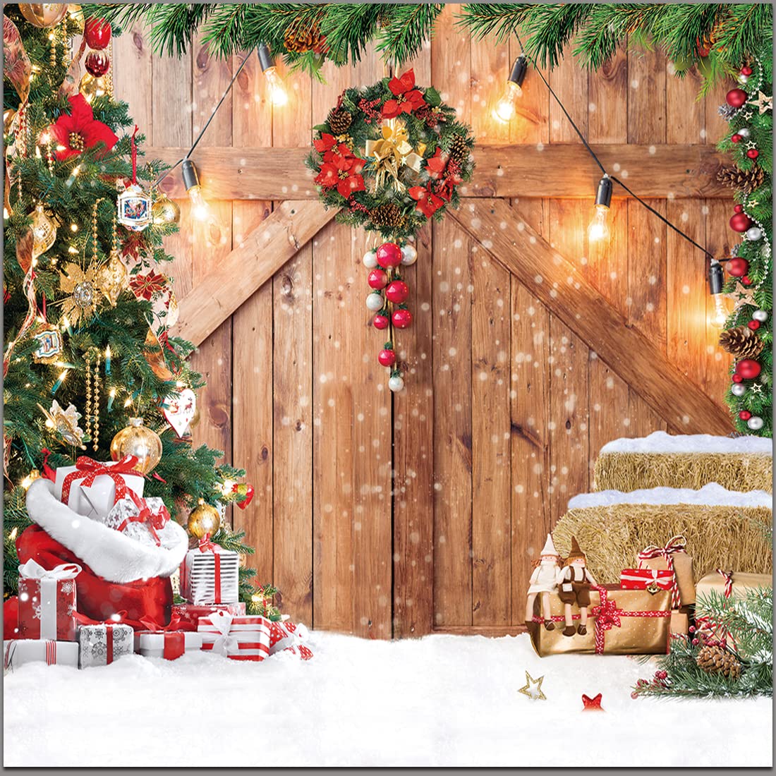CYLYH 8x8FT Christmas Backdrop Barn Wood Door Photography Backdrop Xmas Tree Snow Gift Wall Floor Party Photo Background for Holiday New Year Party Banner Christmas Family Party Supplies