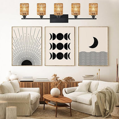 MELUCEE Farmhouse Bathroom Light Fixtures Rattan Wall Sconce 5 Light Bathroom Vanity Light with Rattan Lamp Shade, Black Finish, Suitable for Kitchen Hallway Living Room, 40.6 Inches Length
