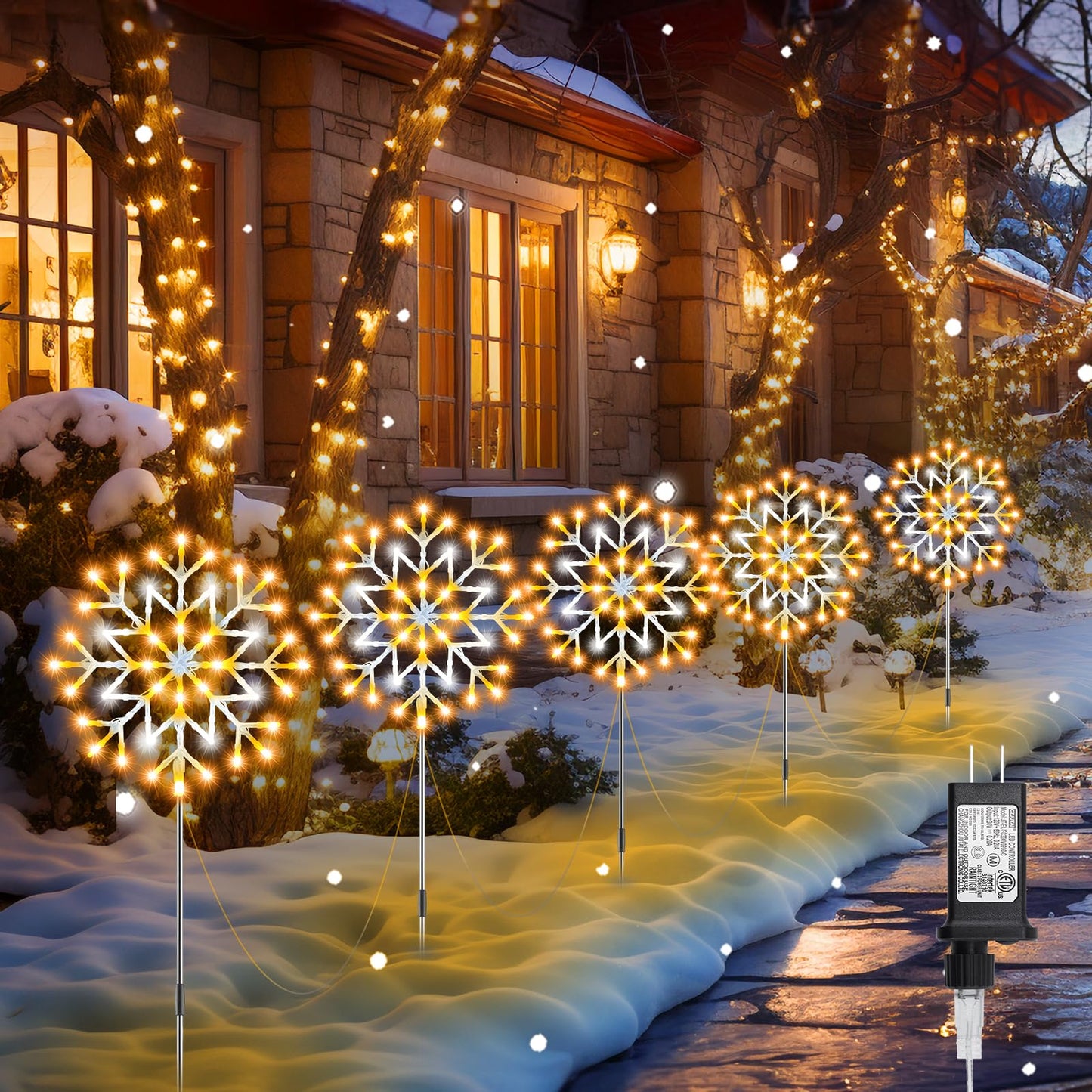 Brightown Snowflake Christmas Pathway Lights Outdoor Christmas Decorations Yard Sidewalk Walkway Driveway Marker Stake, Warm White and Pure White