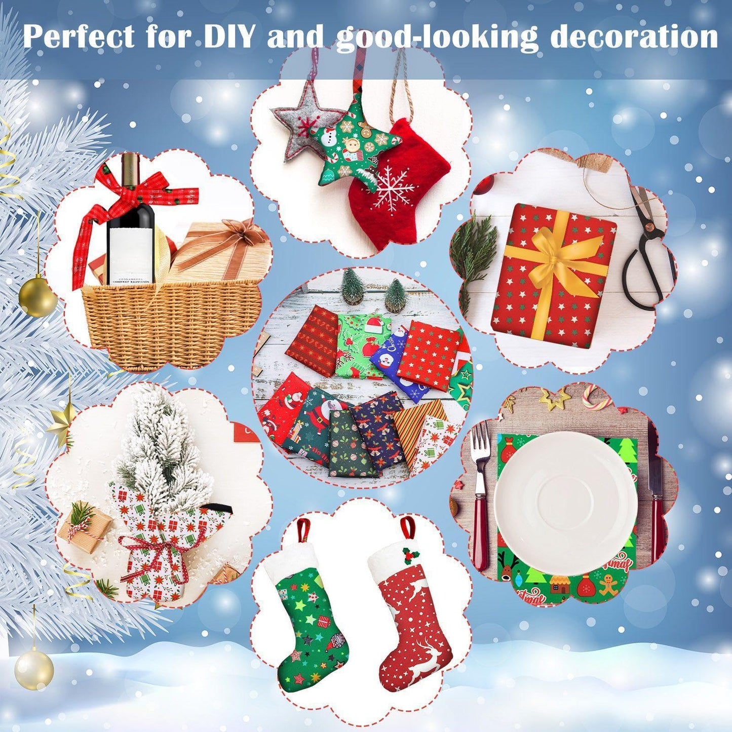 Tudomro 60 Pieces Christmas Fabric Squares 10 x 10 Inch Christmas Sewing Quilting Material Bundles Holiday Santa Tree Claus Elk Snowflake Printing Fabric for Patchwork Sewing DIY Party