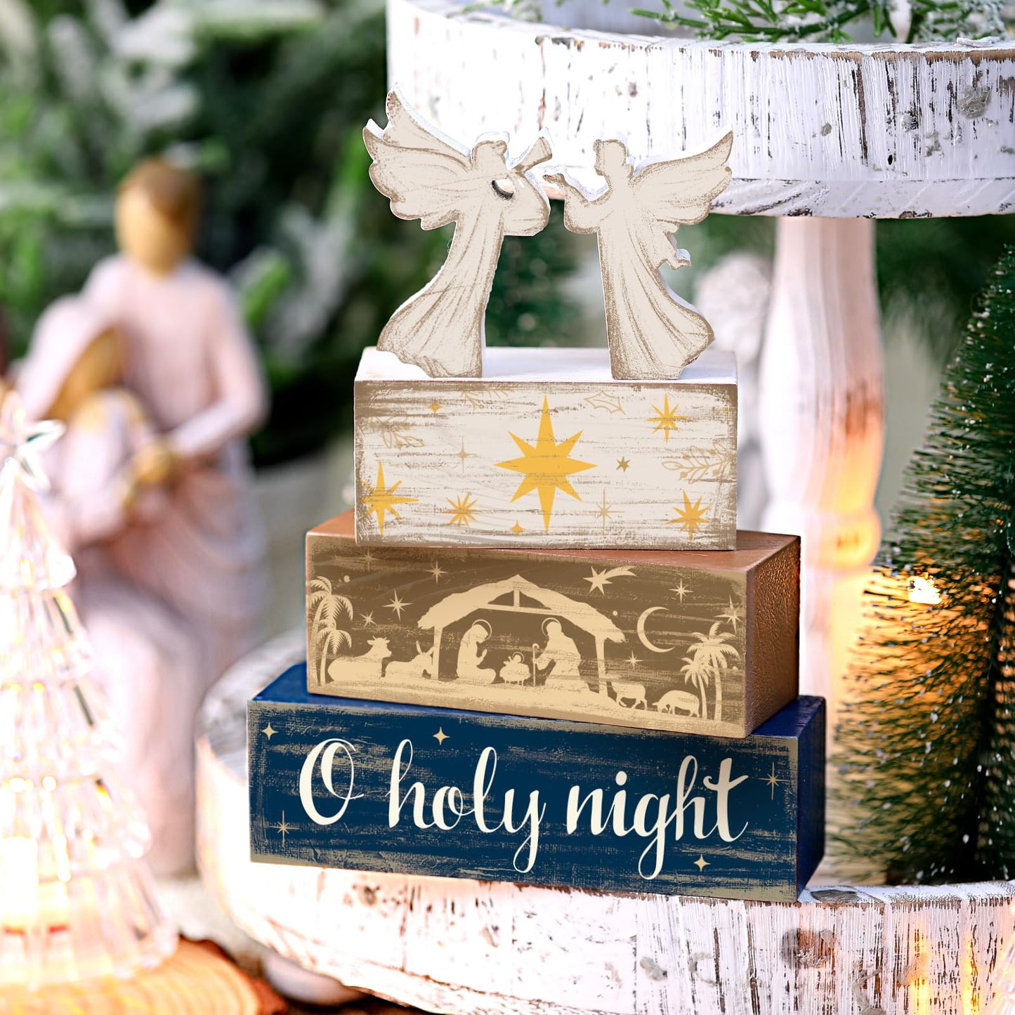 Moucuny 4 Pcs Christmas Angel Table Decor Christmas Wooden Decorative Signage Nativity Scene Tiered Tray Decor Xmas Centerpieces Farmhouse Wooden Block Set Xmas Table Sign for Home