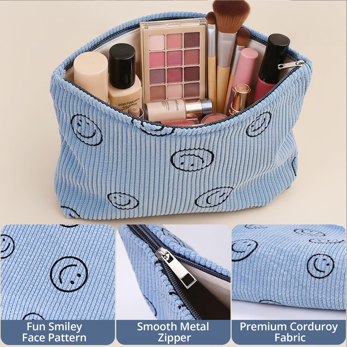 HFZRZFH Smiley Face Makeup Bag - Cute Blue Corduroy Small Toiletry Bags for Women, Soft Mini Skincare Organizer, Small Zipper Pouch For Travel Use