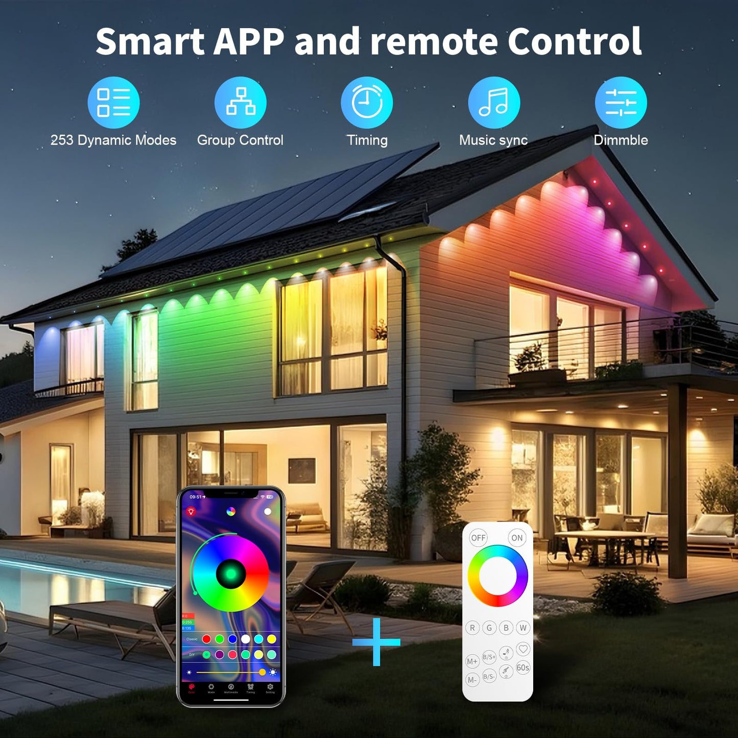 MILADALED Permanent Outdoor Lights RGB Smart IC 200FT/100LEDs Decor IP68 Waterproof Music Sync with Remote&APP Control Suitable for Holiday Decoration Christmas Lights Garden Party Decor Deck