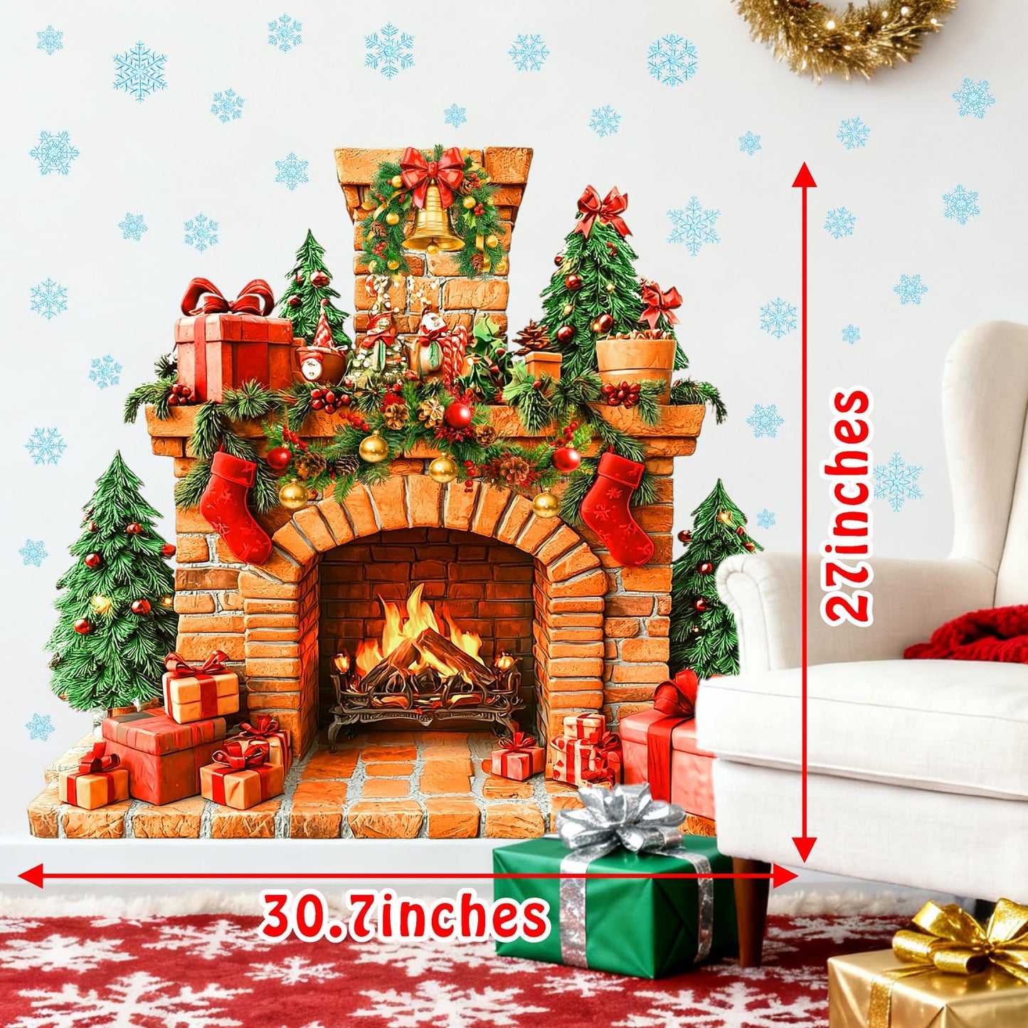 Large Fireplace Wall Stickers Removable Christmas Wall Decals Peel and Stick Fireplace Mural Sticker Winter Tree Snowflake Holiday Decorations for Walls Xmas Fire Flame Decal Party Decor