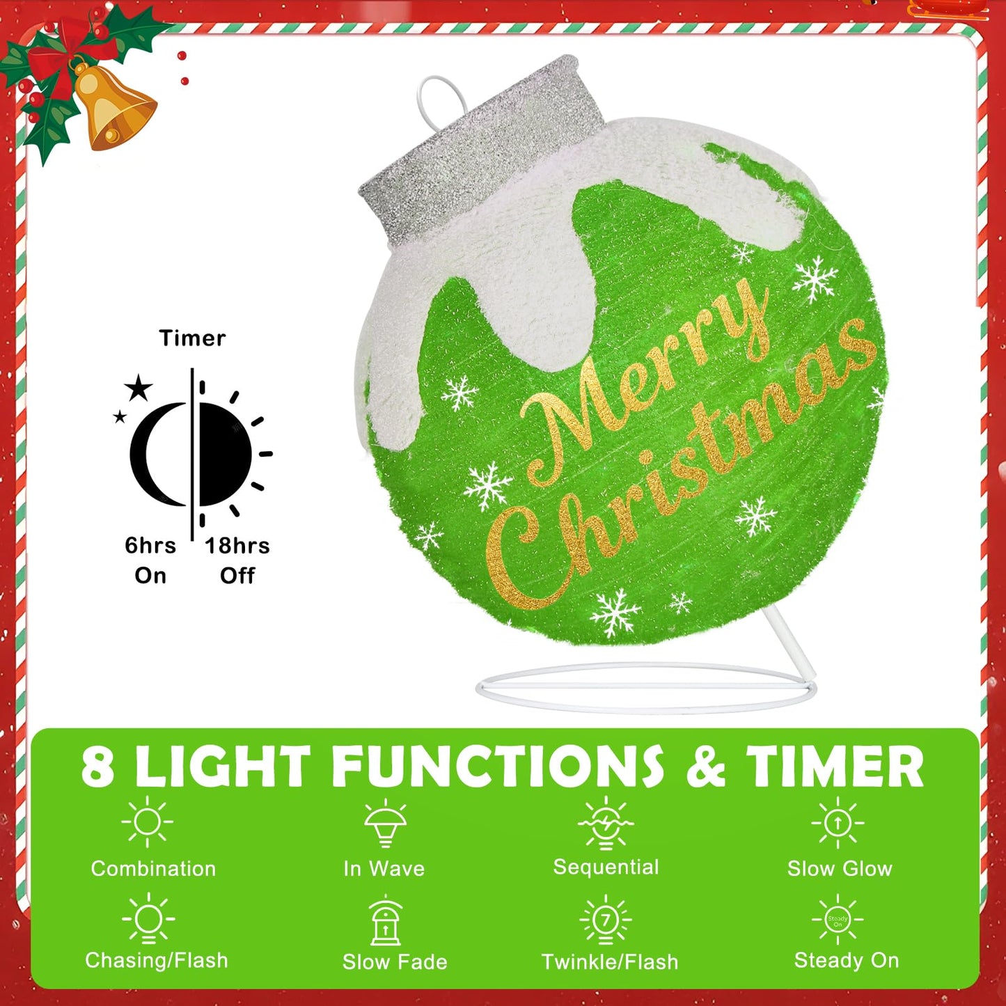 Outdoor Christmas Ball Ornaments, Collapsible Pop-Up Lighted Christmas Decorations with 80 Bright LED Lights, 8 Light Modes, Weatherproof Large Holiday Ball Decor for Yard, Lawn, Home（Red/Green/Beige）