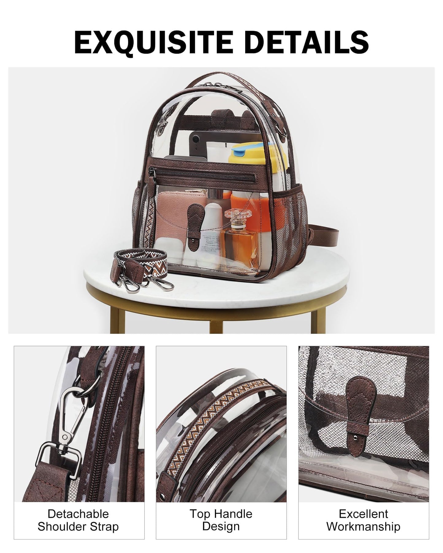 FADEON Clear Small Backpack Purse for Women, Designer Transparent Shoulder Handbag, PVC Mini Clear Bag for Stadium Approved