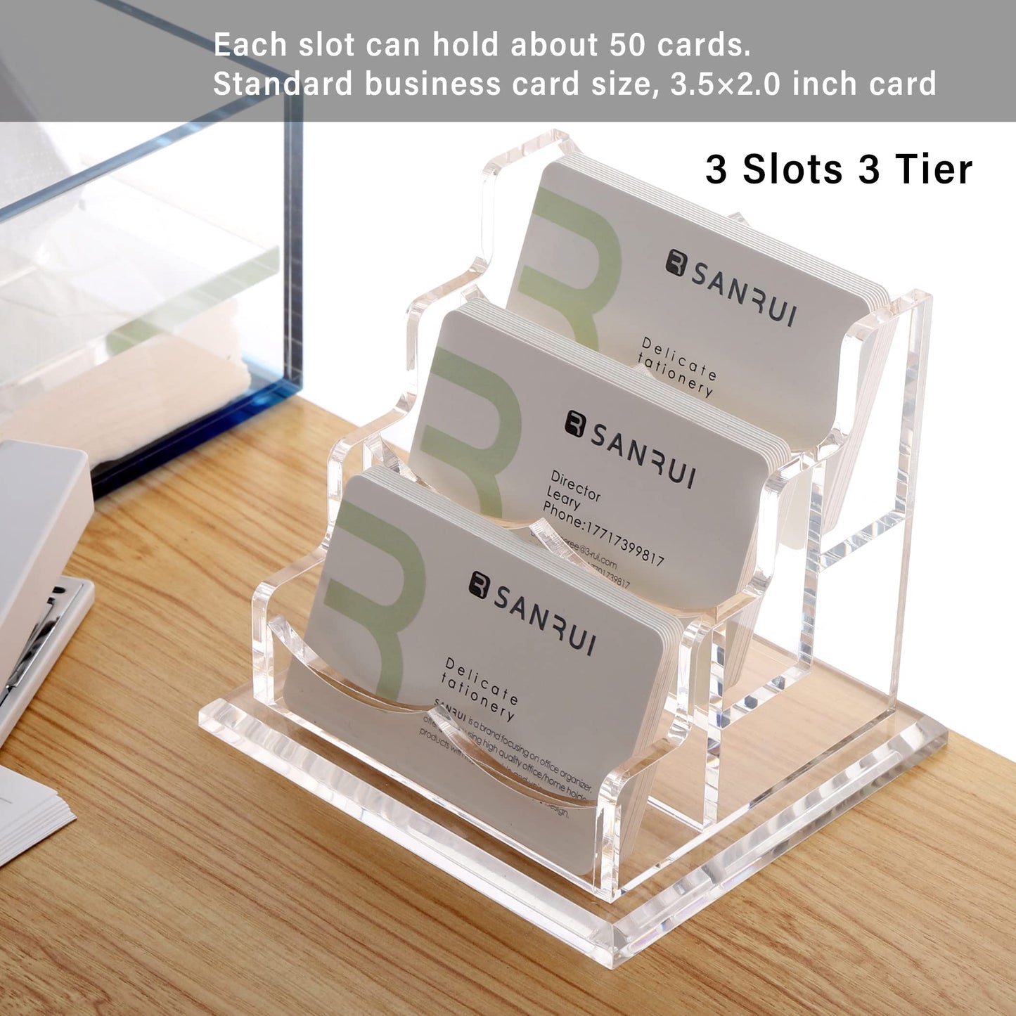 YUXUN Business Card Holder Display for Desk, Clear Acrylic Cards Organizer 3 Tier 3 Slots, Business Card Stand for Men and Women 1 Pack (3 slots) 3slots