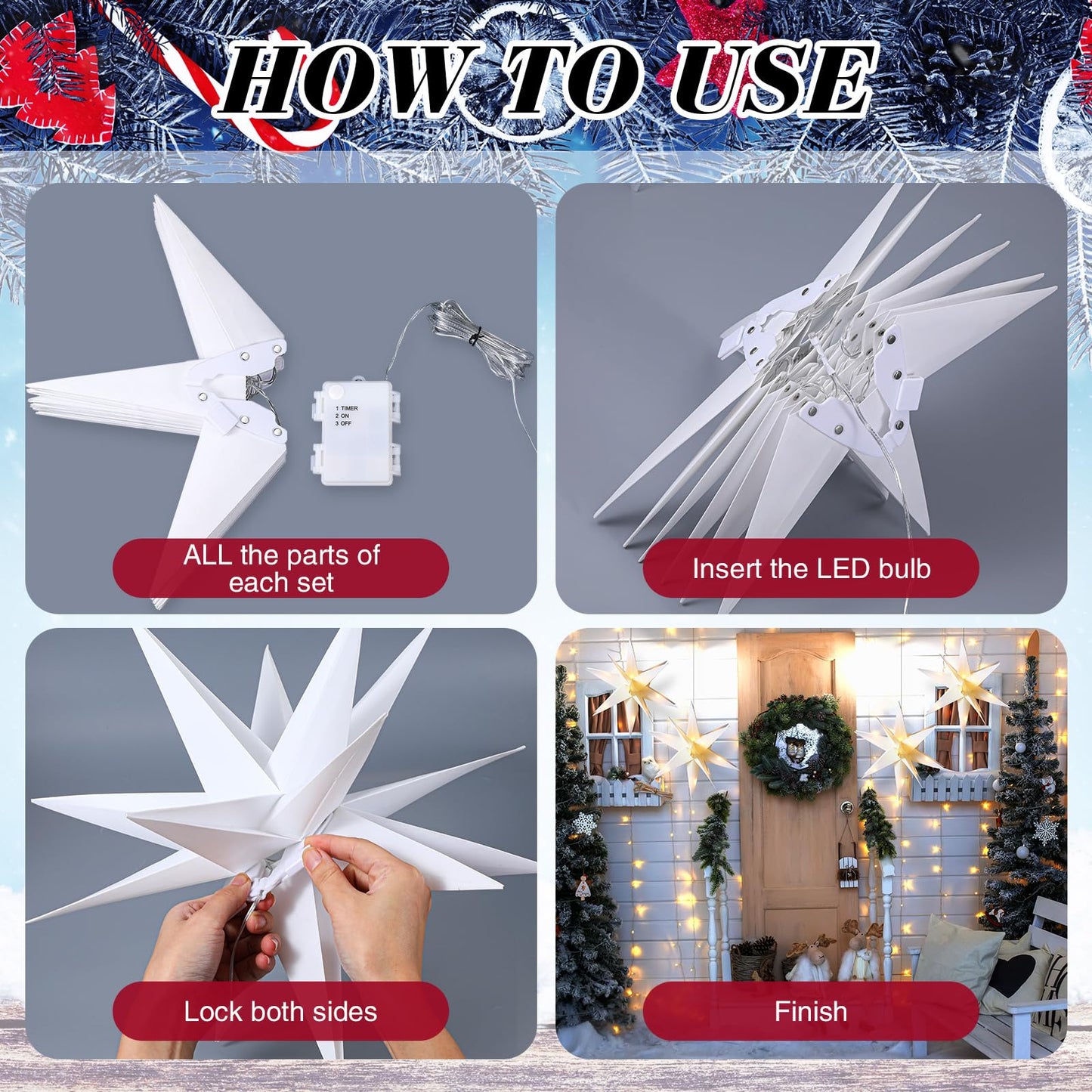 VIHOSE 12 Pcs Large White Moravian 15'' Led Tree Topper 3D Lighted Christmas Holiday Porch Hanging Outdoor Xmas for Window Home Decoration