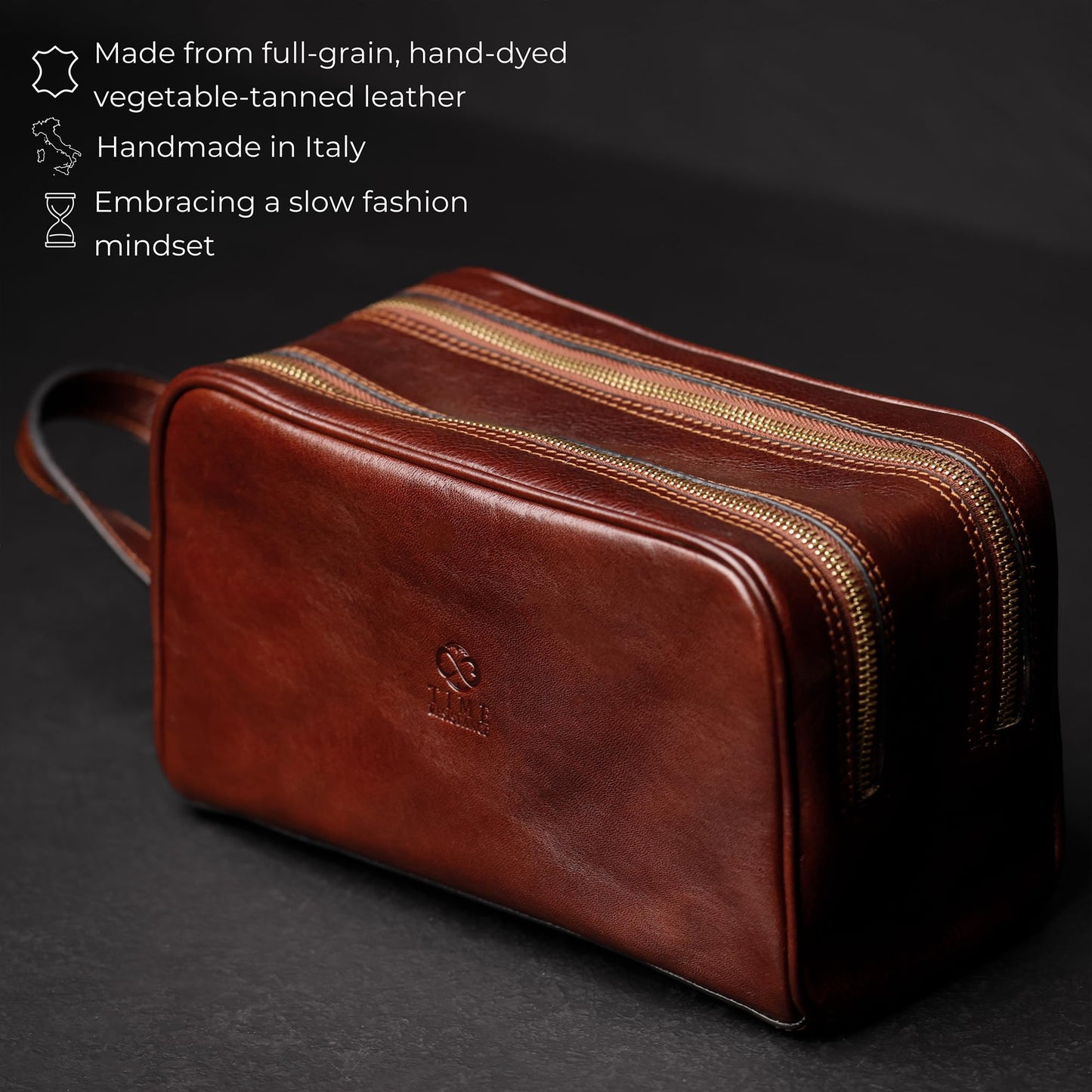 Time Resistance Leather Cosmetic Bag - Italian Toiletry Dopp Kit (Brown)