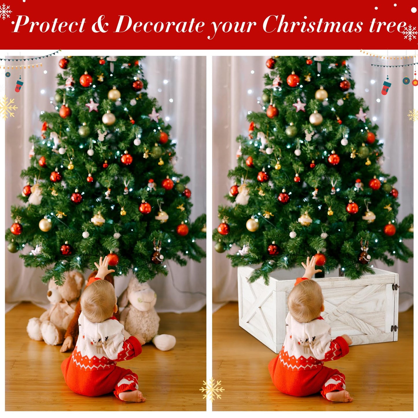 GlikCeil 22'' L Wooden Christmas Tree Collar Box Christmas Tree Skirt Stand Base Cover Rustic Farmhouse Bottom Cover Box for Xmas Party Holiday Decorations(White)