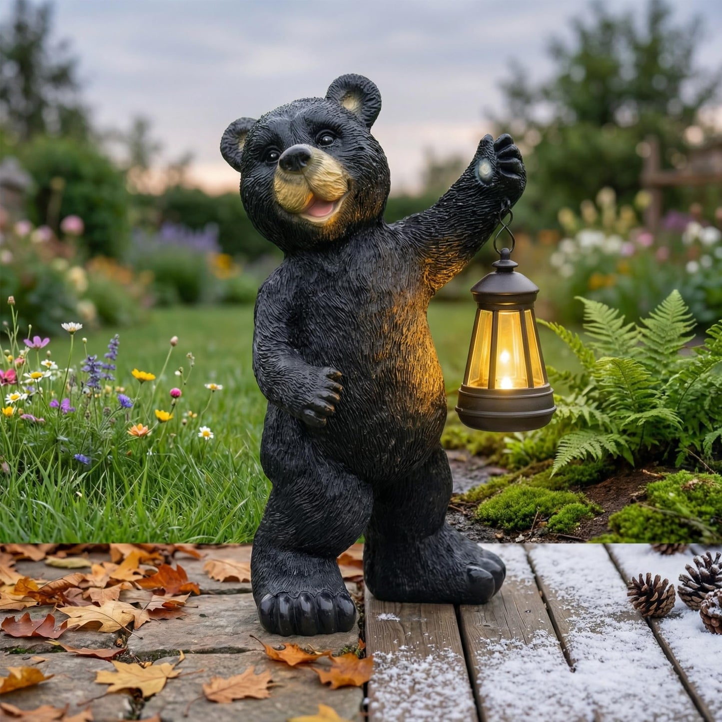 xin ming Solar Black Bear Garden Statue -14" ResinFigurine with Solar LED Lantern, Auto On/OffWaterproof Decor, Dual Use Indoor OutdoorLight for Patio Yard Porch