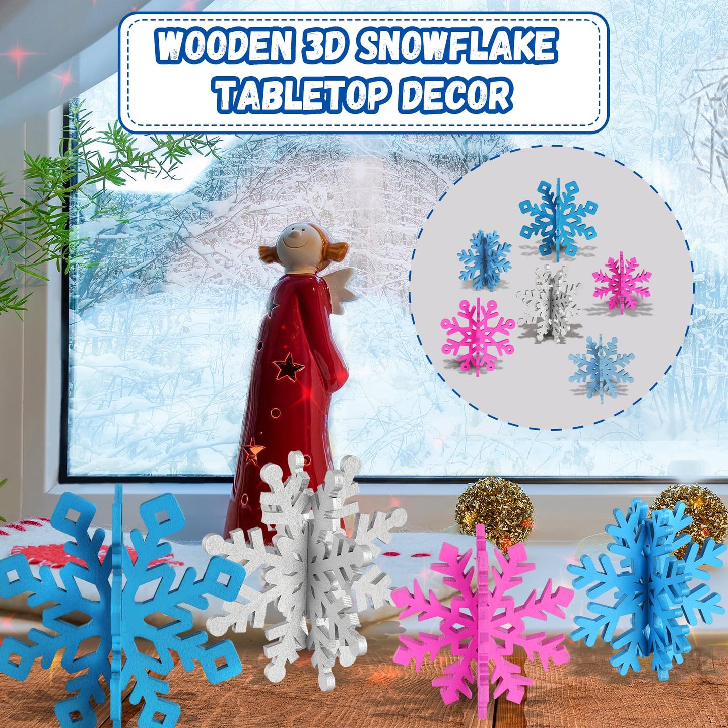 OuMuaMua 12 Sets Snowflake Christmas Table Decorations - 24pcs Blue Fuchsia Purple Sliver Wooden 3D Snowflake Decor Tabletop Centerpieces for Christmas Party Supplies Home Decor