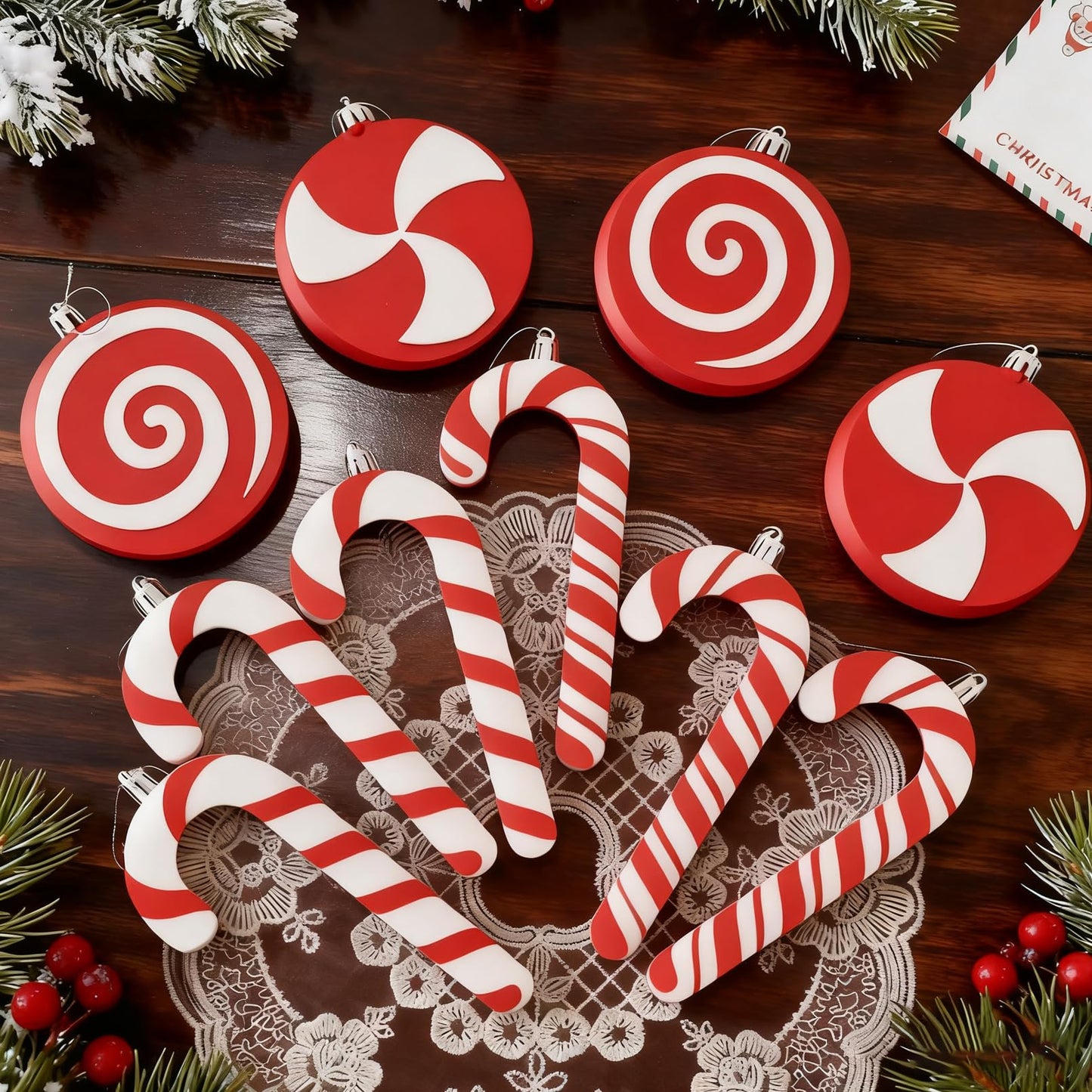 10ct Red and White Christmas Tree Ornaments Shatterproof - Candy Cane and Lollipop Decorations for Xmas Tree, Candyland Theme Party Supplies, Family Kids