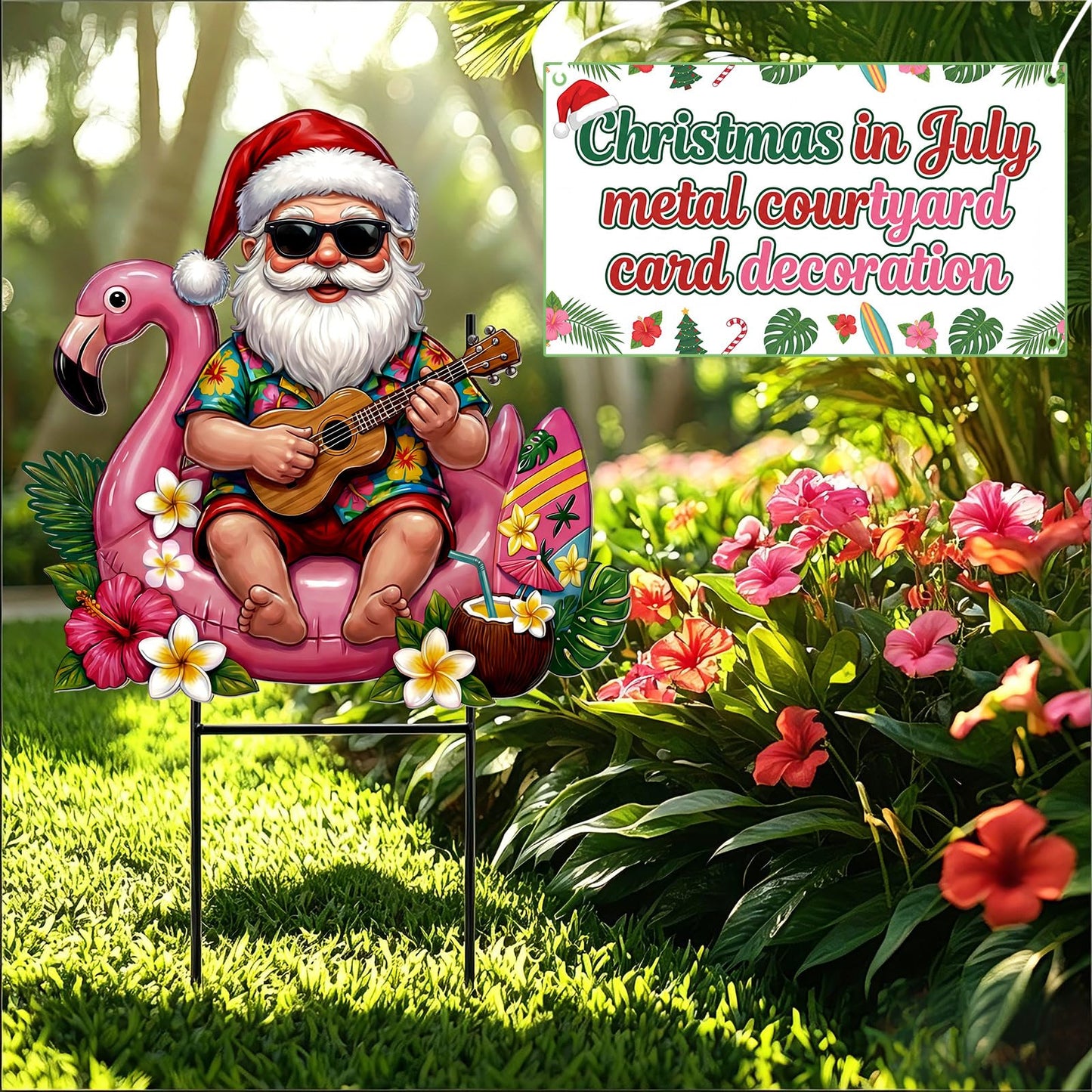Amyhill July Christmas Outdoor Decor Summer Christmas Metal Yard Sign with Stake Tropical Flamingo Santa Claus Decorative Lawn Sign for Indoor Outside Garden Pathway Walkway Holiday Hawaii Party Decor