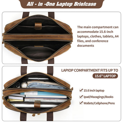 Jack&Chris Full Grain Leather Briefcase for Men,Business Messenger Bag Laptop Bag Attache Case 15.6"