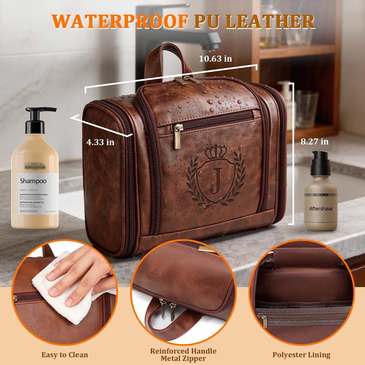 Aganmi Personalized Fathers Day Birthday Gifts for Husband Dad Grandpa Papa from Daughter Son, Unique Mens Large Leather Travel Toiletry Bag Hanging Shaving Dopp Kit Bathroom Shower Cognac Letter J