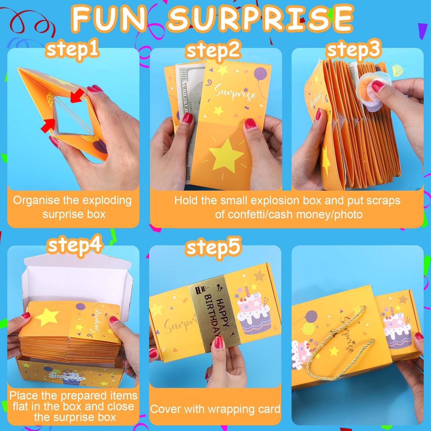 BABORUI Birthday Surprise Gift Box Explosion for Money with Confetti, Cash Explosion Gift Box for Women Men Kids (Yellow Birthday)