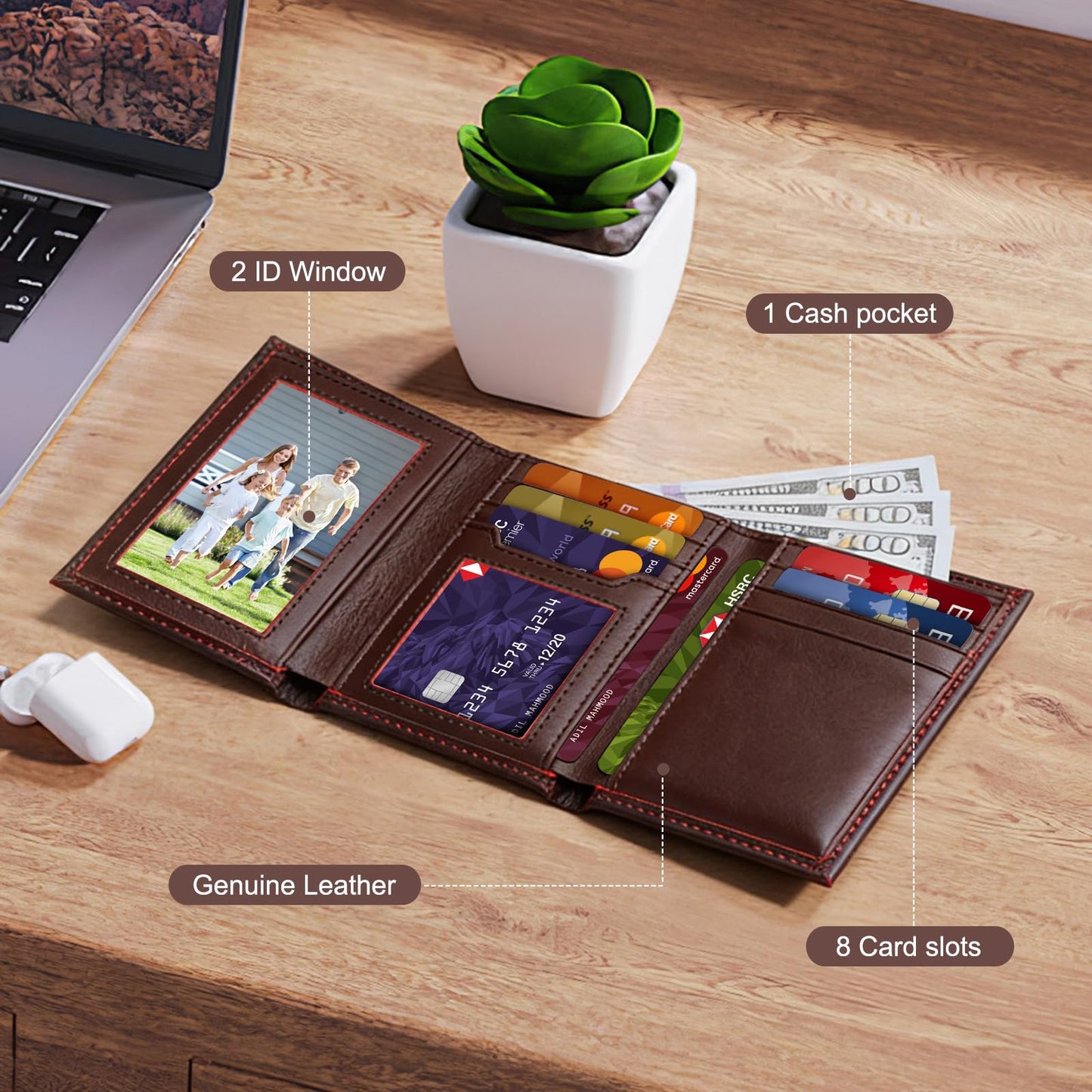 WULOUJIE Mens Trifold Leather Wallet，Genuine Leather RFID Blocking Wallets for Men，Tri Fold Wallet with 2 ID Window and 8 Card Slots（brown） (brown)