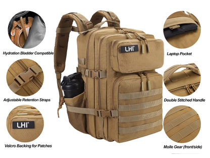 LHI Military Tactical Backpack for Men and Women 45L Army 3 Days Assault Pack Bag Large Rucksack with Molle System