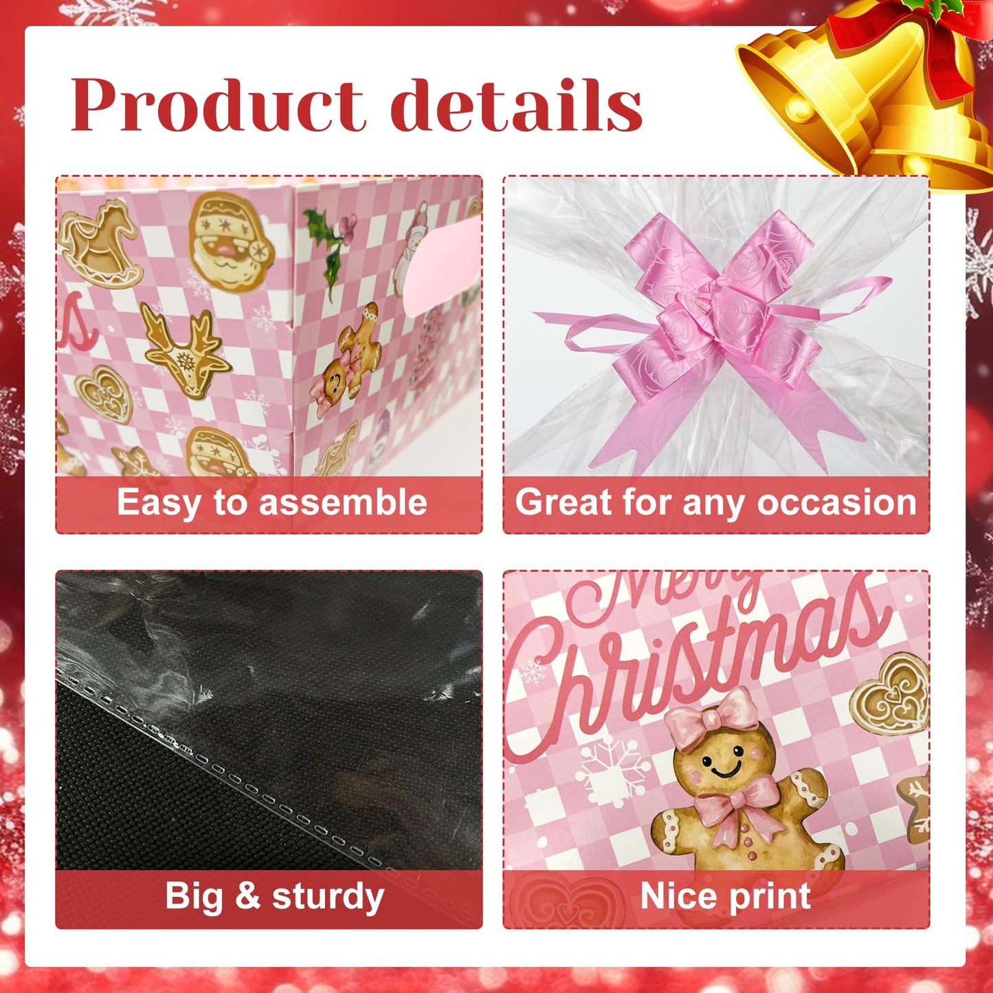 CIEOVO 24 Set Christmas Party Baskets with Cellophane Bows Market Tray Pink Christmas Baskets for Gifts Empty Gingerbread Man Cardboard Bags for Xmas Holiday Party Decor