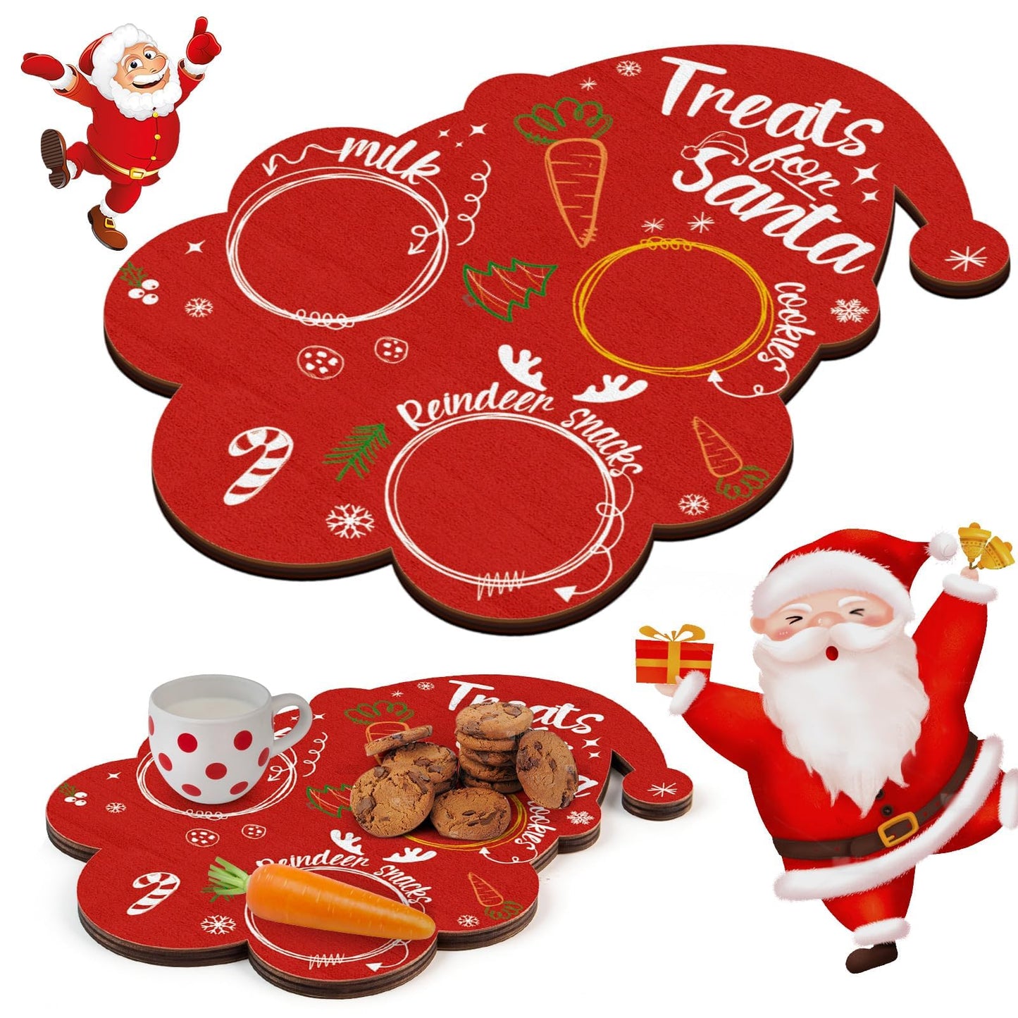 Santa Cookie Plate Christmas Wooden Treat Tray Platter Mat Xmas Eve Table Decorations Milk and Candy Board for Kids Christmas Party Supplies