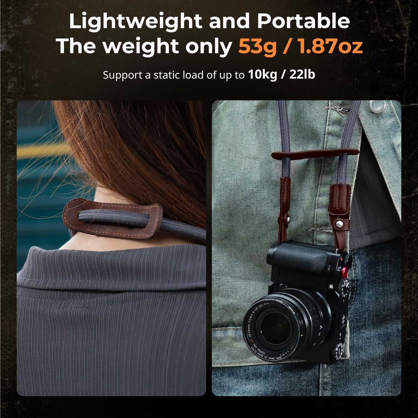 SMALLRIG Camera Neck Shoulder Strap, Adjustable Braided Camera Shoulder Strap with O-Ring and Leather Neck Pad for DSLR or Mirrorless Camera, Gray- 5057