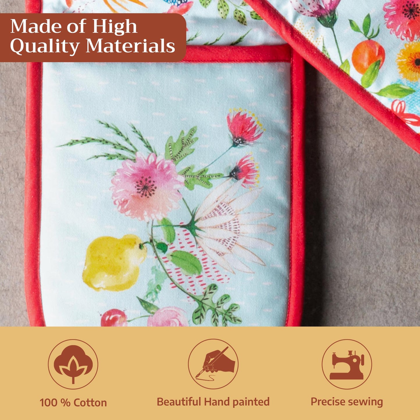 Maison d' Hermine Double Oven Mitts 100% Cotton 7"x35" Double Oven Mitt Heat Resistant BBQ Cooking Gloves with Loop Baking Grilling Kitchen Hotel Home Farmhouse Spring Summer (Jardin D'Ete - Mint)