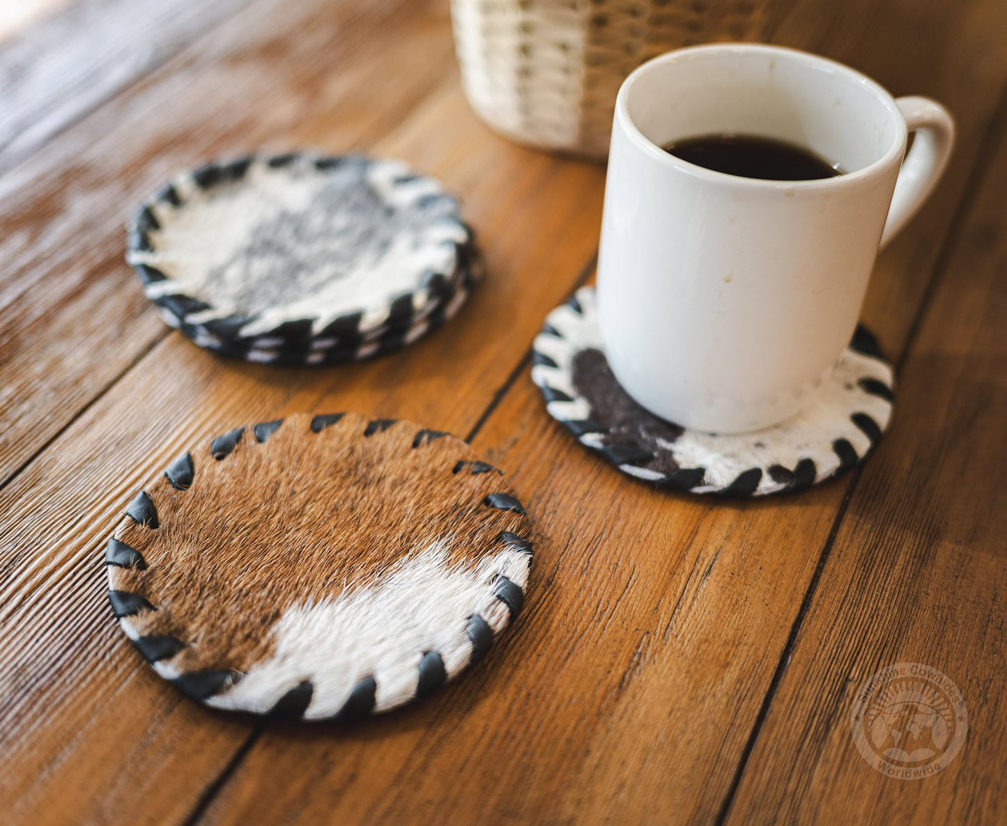 Sunshine Cowhides Natural Cowhide Coaster - 4.5" Round Assorted Tones Genuine Leather Coasters for Coffee Table, & Dining Tables, Ideal Cow Print Kitchen Accessories for Home & Office - Set of 8