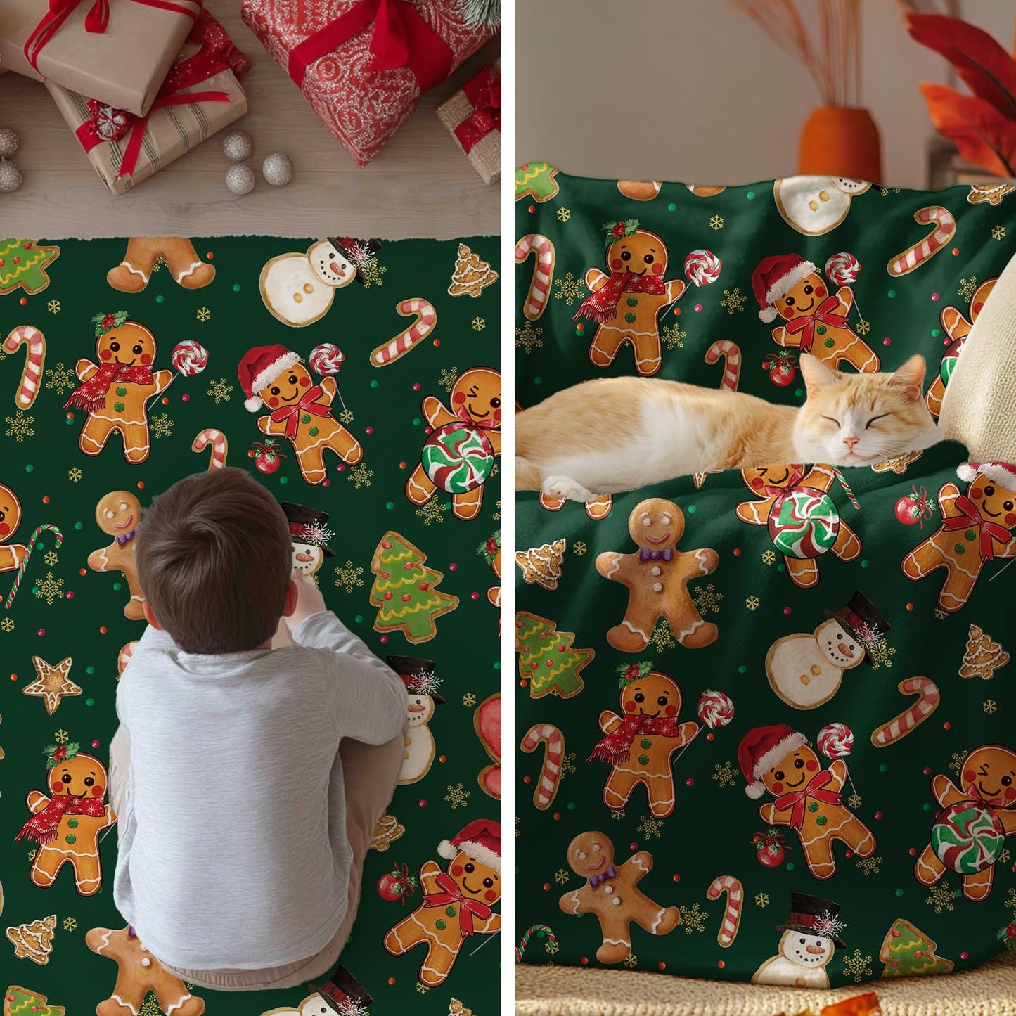 Horaldaily Christmas Flannel Blanket Throw, Green Gingerbread Man Christmas Bear Soft Fuzzy Plush Cozy Fleece Blankets for Couch Sofa Bed Decor, Ideal Gifts for Kids Adults, 50x60