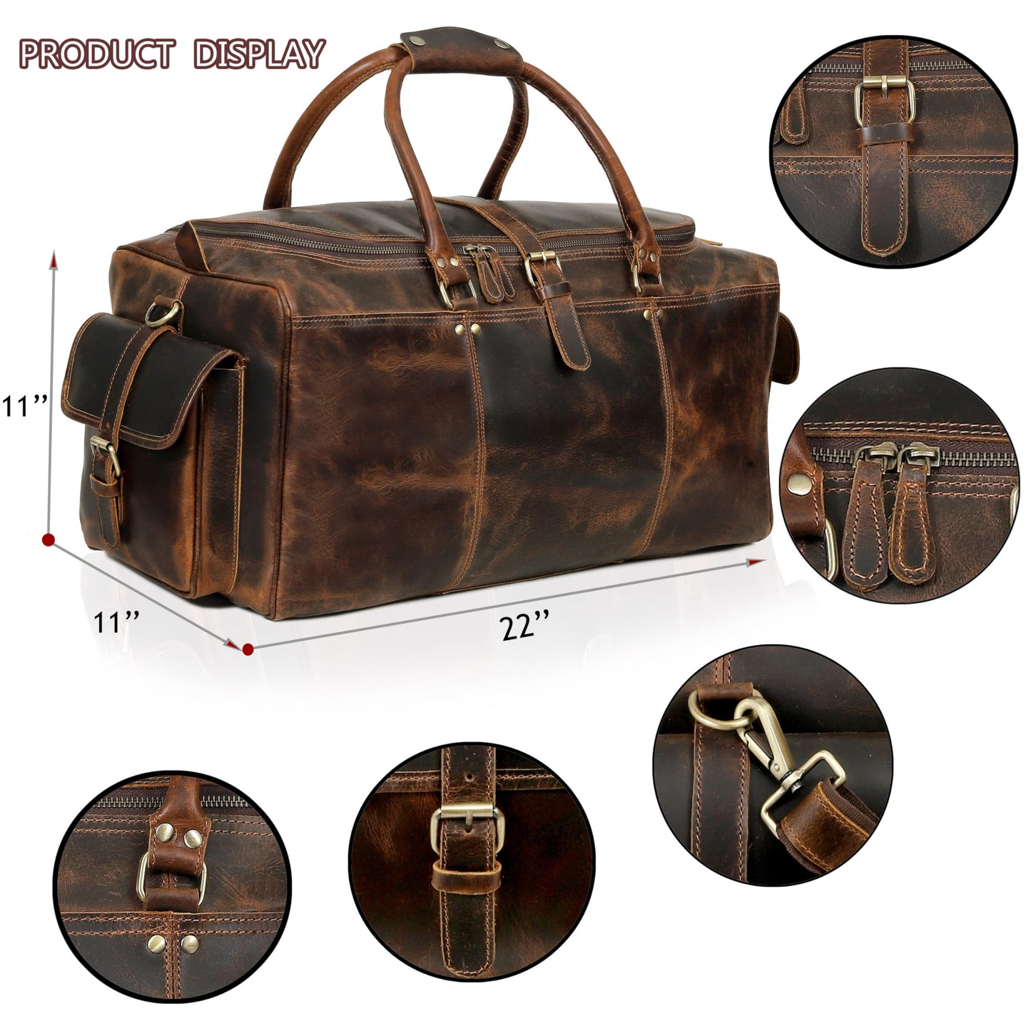 Cuero Full Grain Leather Duffle Bag for Men, Buffalo Overnight Weekend Travel Bag, Carry On with Organized Pockets, YKK Zippers, Adjustable Strap (Choclate Brown)
