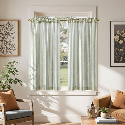 jinchan Striped Linen Kitchen Curtains 45 Inches Length Tier Curtains Farmhouse Modern Cafe Style Small Window Treatments Airy Light Filtering Rod Pocket for Living Room Bathroom 2 Panels Sage Green