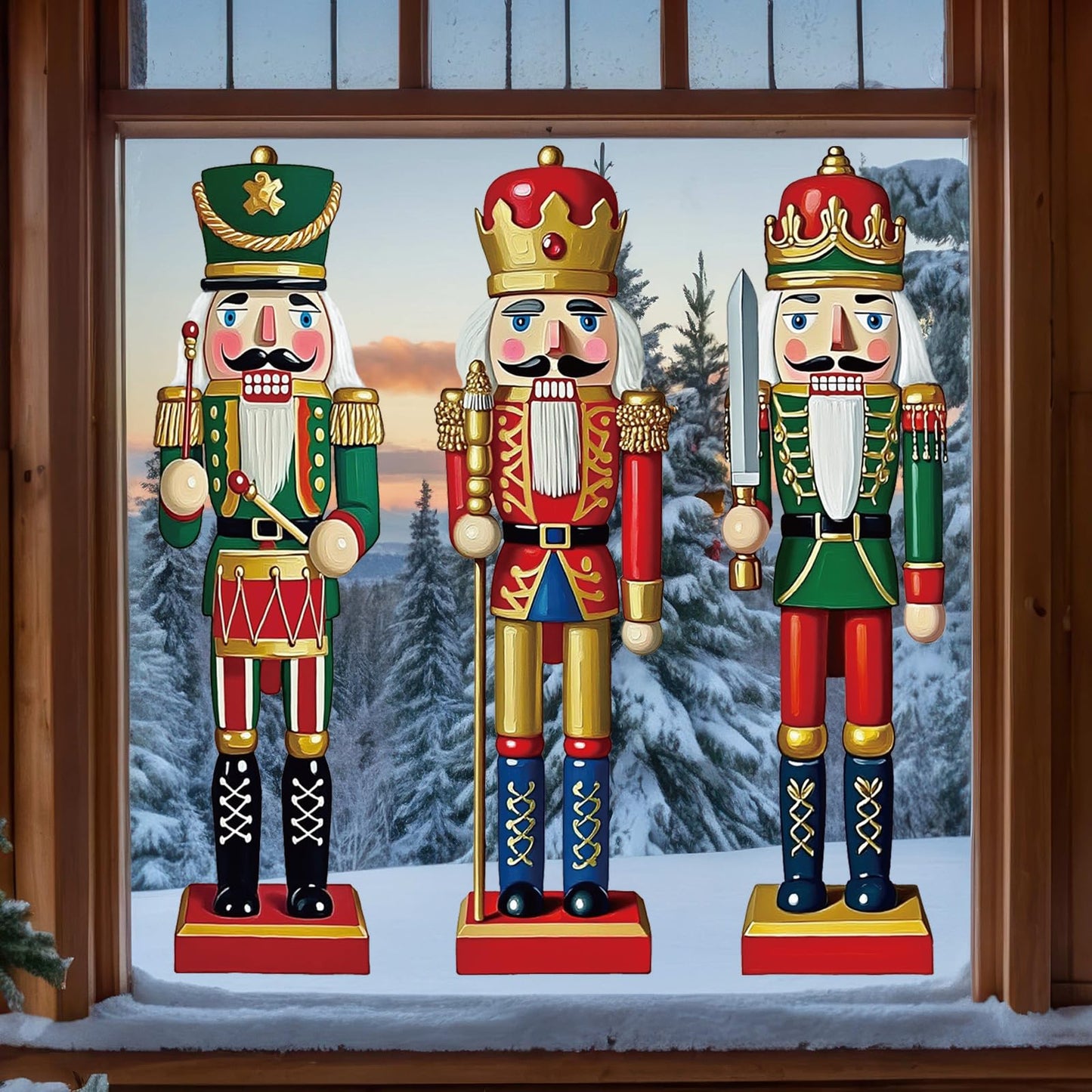 JarThenaAMCS 3 Sheets Christmas Window Clings Xmas Nutcracker Soldiers Extra Large Reusable Window Decals for Winter Holiday Home School Office Glass Decor