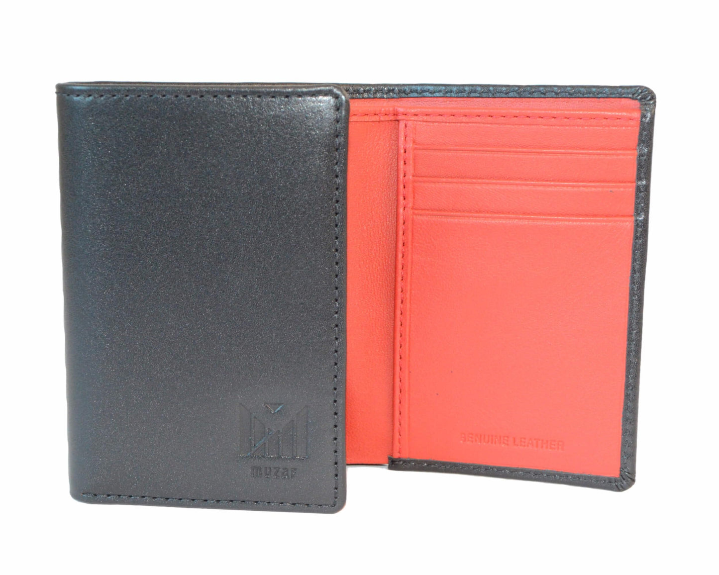 muzaf Trifold Premium Leather Wallet for Men with RFID Blocking (Black Red)