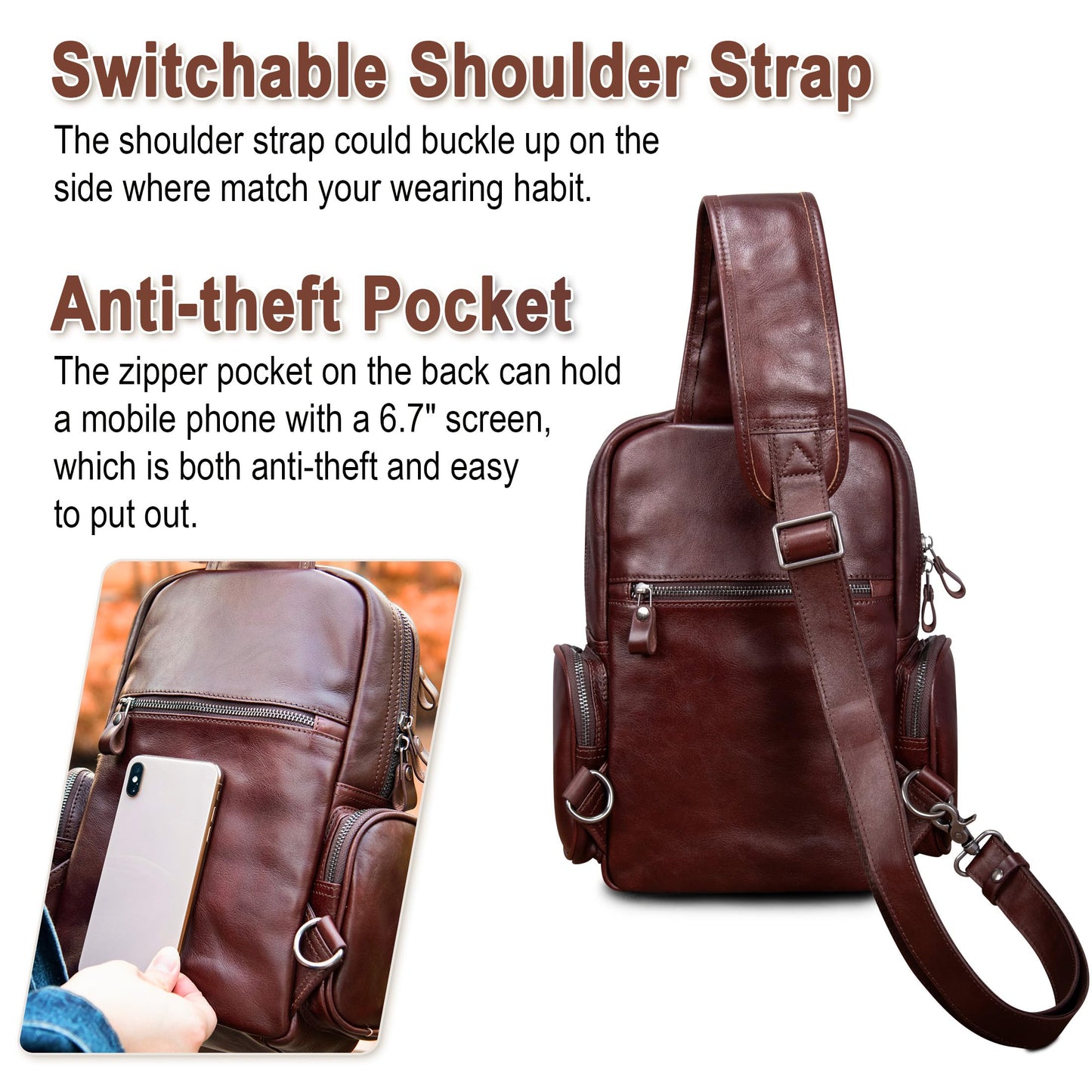 CENUNCO Genuine Leather Sling Bag for Men Large Crossbody Shoulder Bag Casual Sling Backpack Anti-Theft Travel Chest Purse (Dark Brown)