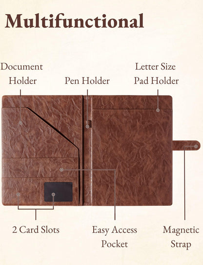 Mymazn Padfolio Portfolio Folder, Faux Leather Interview Resume Folder with Document Organizer & Business Card Holder, Letter-Sized Notepad Legal Pad Holder for Men Women (Brown)