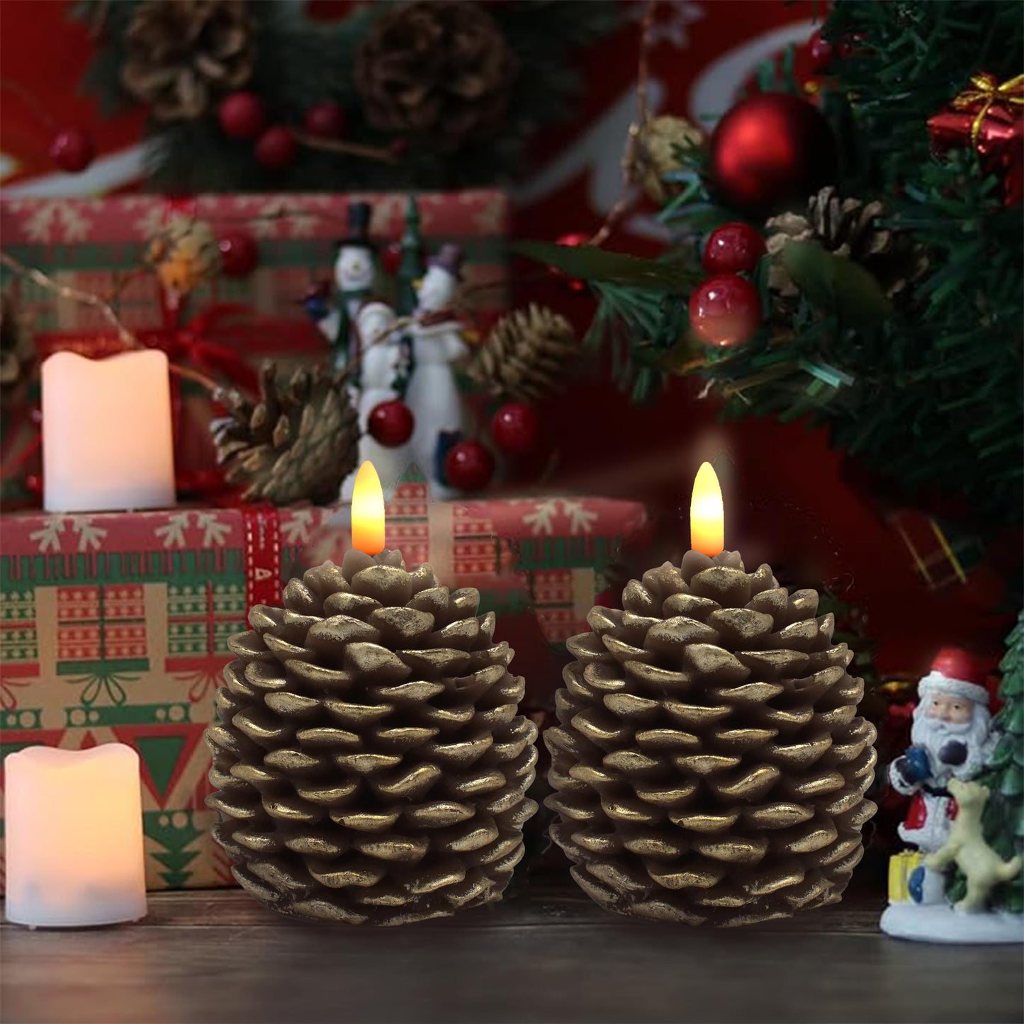 CVHOMEDECO. Pine Cone Candles Battery Operated Pinecones with Remote and Timer, Pine Cones Candle LED Flameless Flickering Candles for Fall, Christmas Decor. Golden-Brown, H 4.8 Inch, Pack of 2