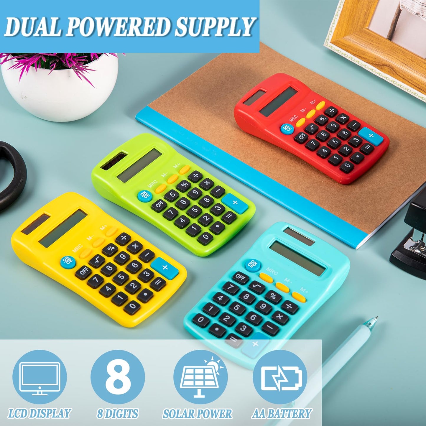 IJRPLM 18 Pack Mini Pocket Calculators, Solar & Battery Power, 8 Digit Display, Bulk for Students, Kids, School, Home, Office (9 Colors)