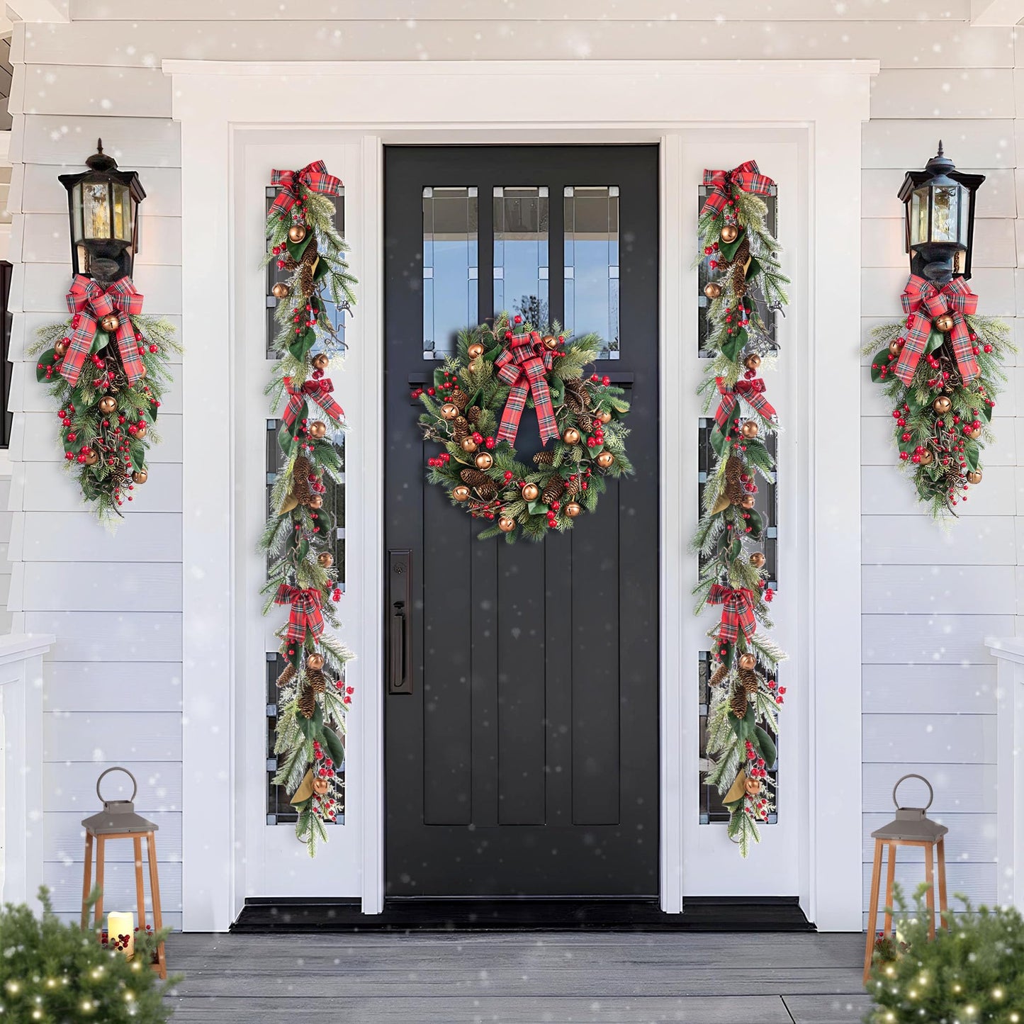 Glitzhome 24 Inch Christmas Wreath with Bell Pinecone Berry Bow, Rustic Plaid Front Door Decor for Indoor and Covered Porch, Large Holiday Decoration