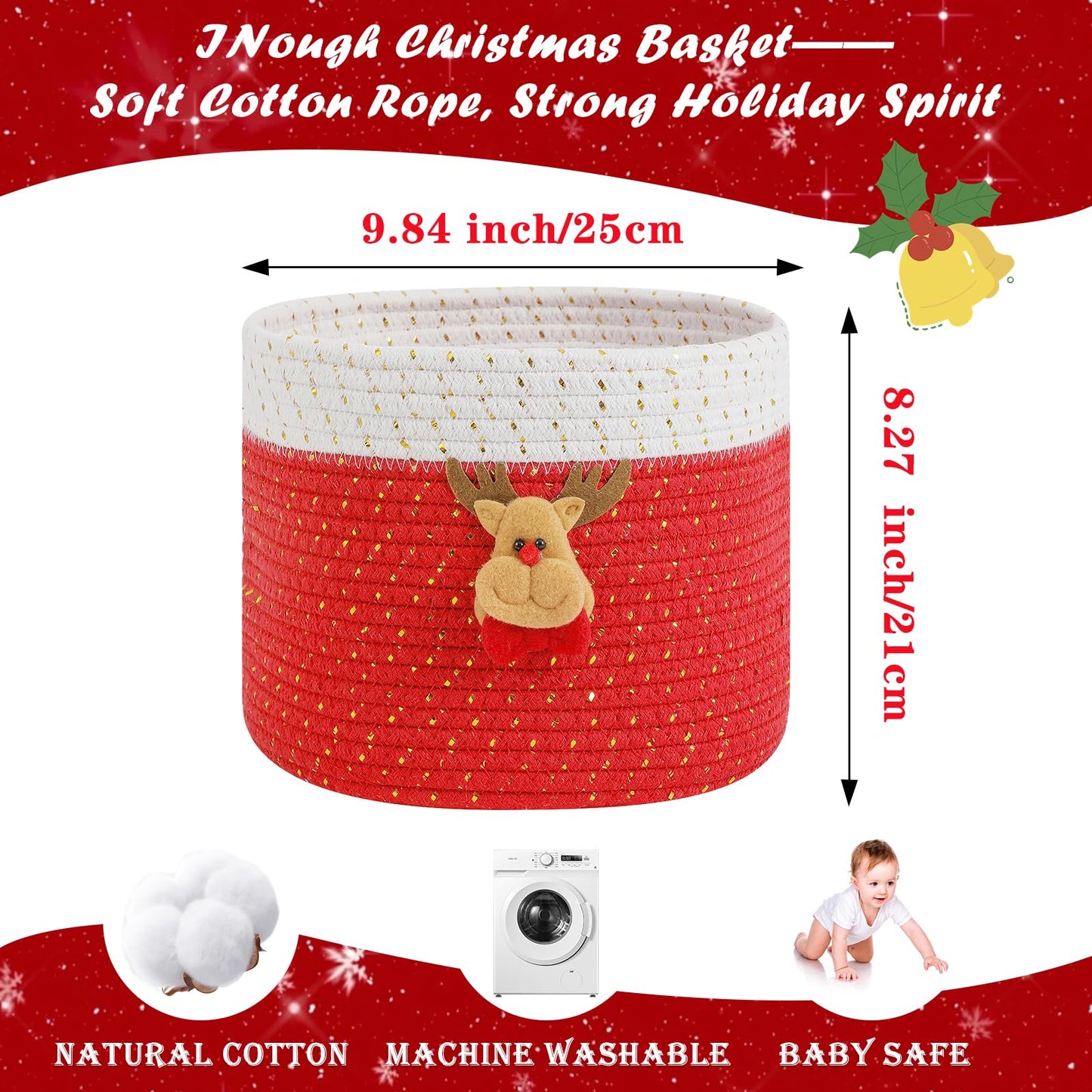 INough Christmas Baskets Cotton Rope Baskets for Christmas Empty Red Christmas Toy Bin, Christmas Gift Bin Large Blanket Storage Baby Basket for Kids Room/Living room (Reindeer Large)