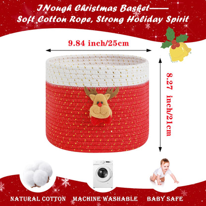 INough Christmas Baskets Cotton Rope Baskets for Christmas Empty Red Christmas Toy Bin, Christmas Gift Bin Large Blanket Storage Baby Basket for Kids Room/Living room (Reindeer Large)