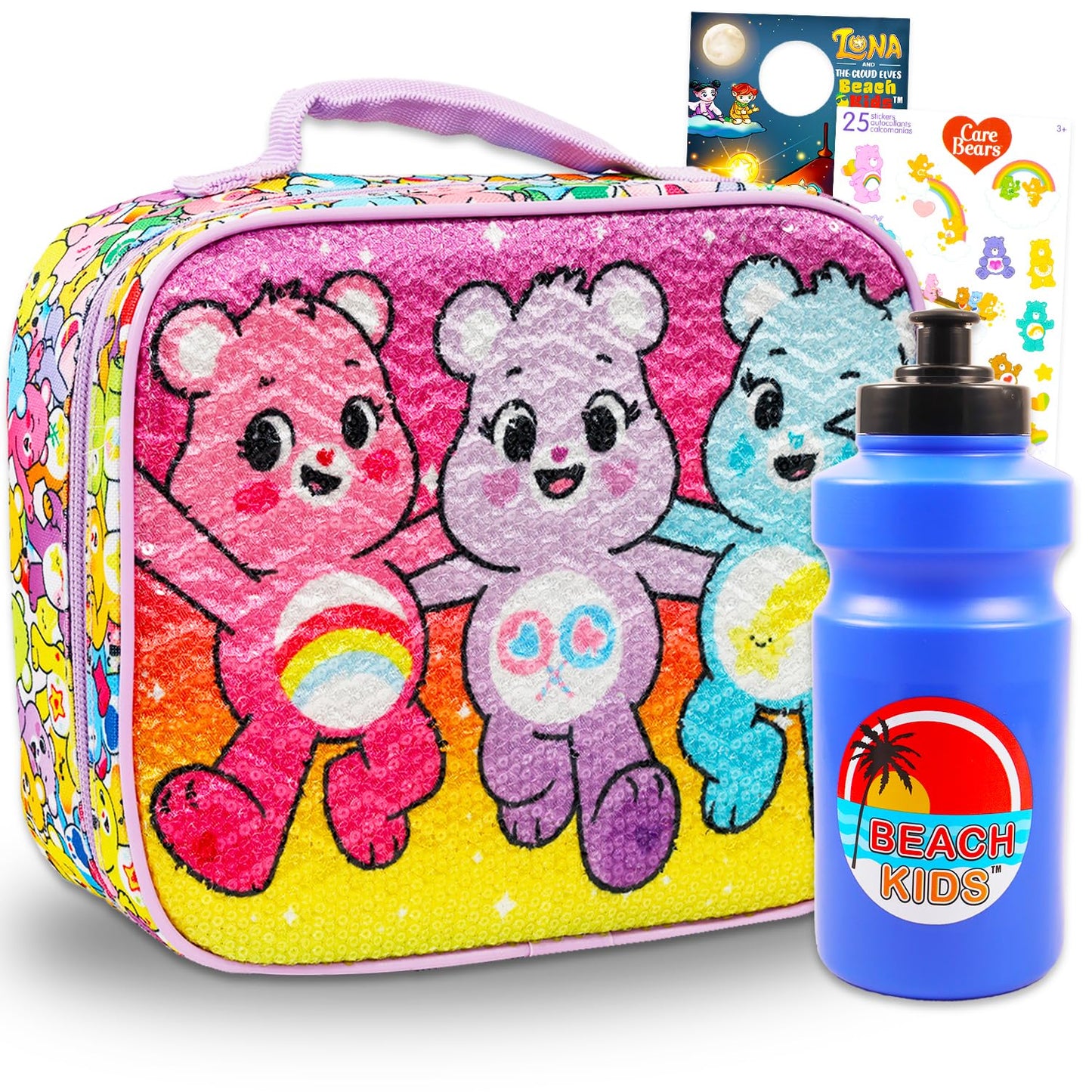Care Bears Lunch Bag Set - Bundle with Sequined Insulated Lunch Box, Water Bottle, Stickers, More | Care Bears School Supplies Kids