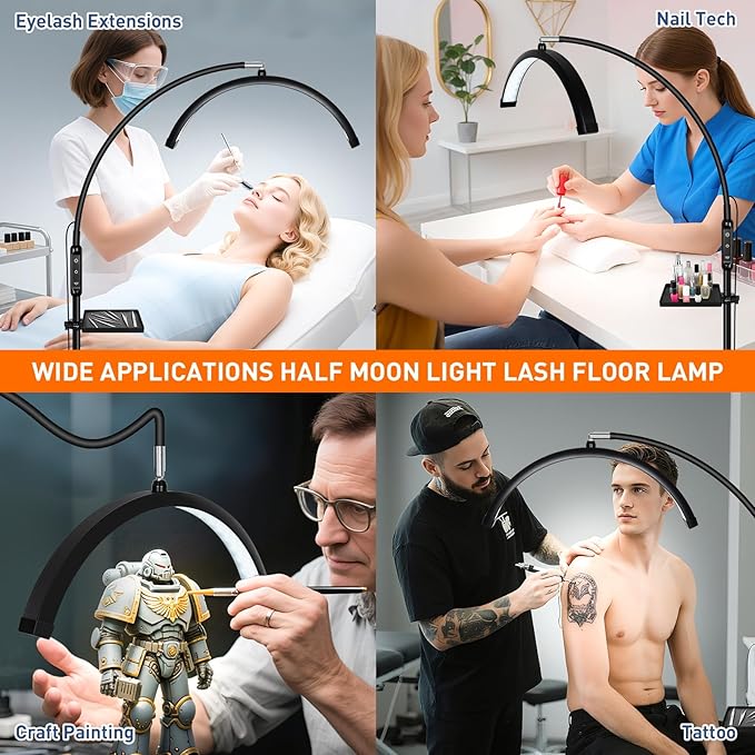 KIRKAS Lash Light Half Moon Lamp with Tool Tray, Flexible Gooseneck Lash Nail Tech for Esthetician Eyelash Extension, Tattoo, 18 Inch LED Floor Lamp with Roller Base Adjustable Brightness Color-Black